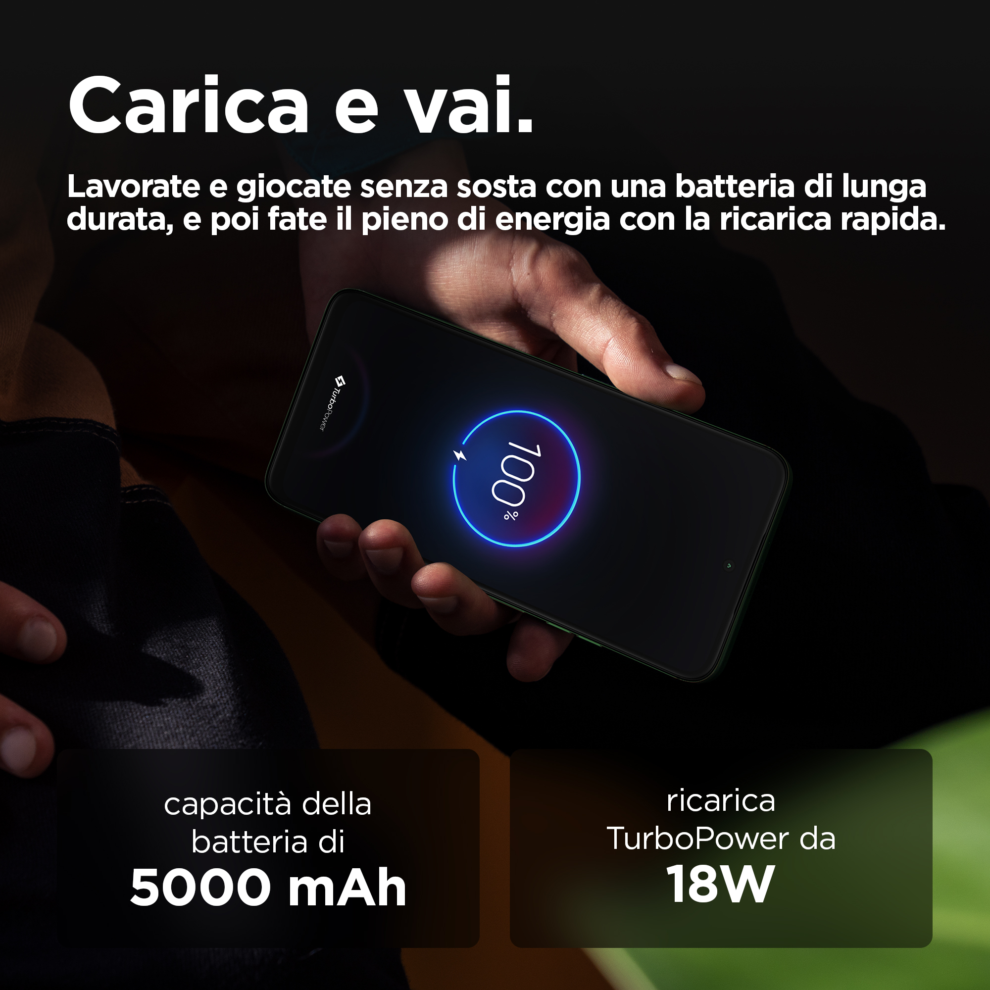 Osoba trzyma zielony telefon z baterią 100%. Tekst mówi: bateria 5000 mAh i TurboPower 18W.
