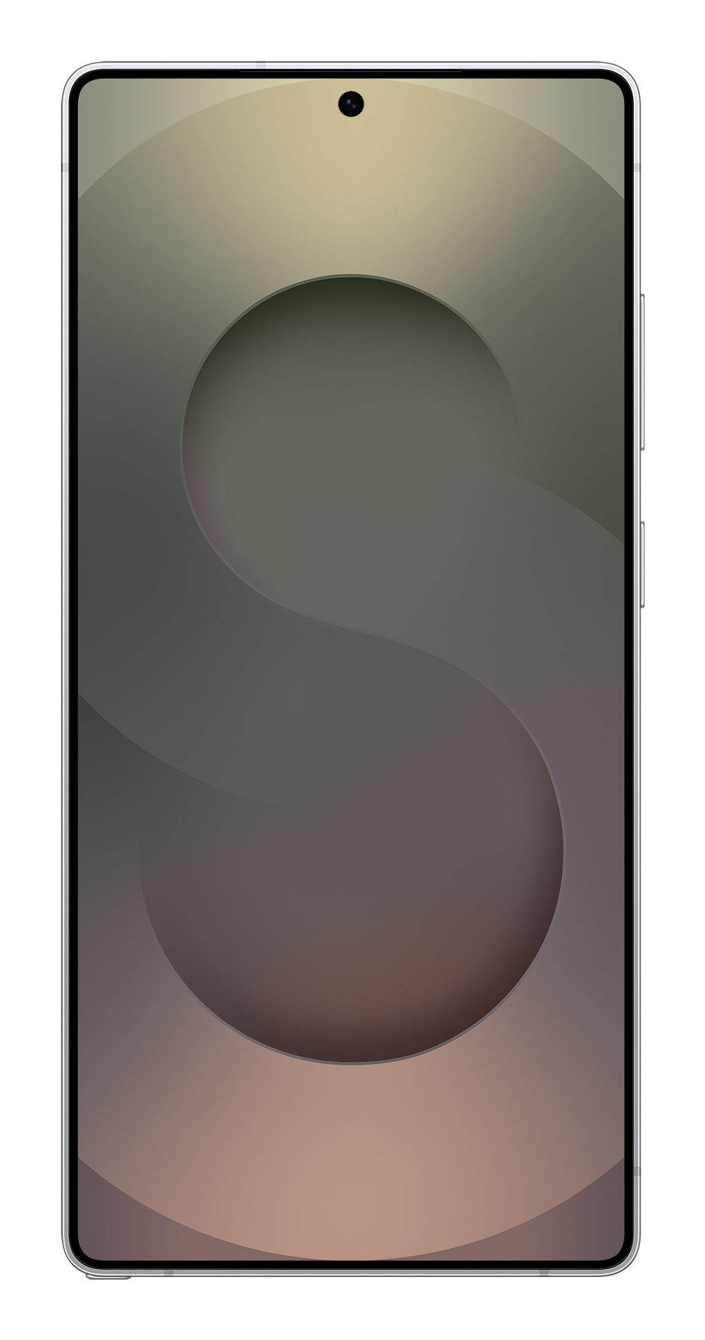 Srebrny telefon z okrągłym wzorem na ekranie, białe tło.