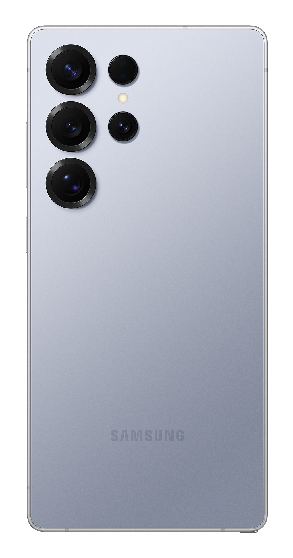 Jasnofioletowy telefon Samsung. Widok z tyłu. Wiele aparatów. Srebrna ramka i tył. Czarne obiektywy aparatu.