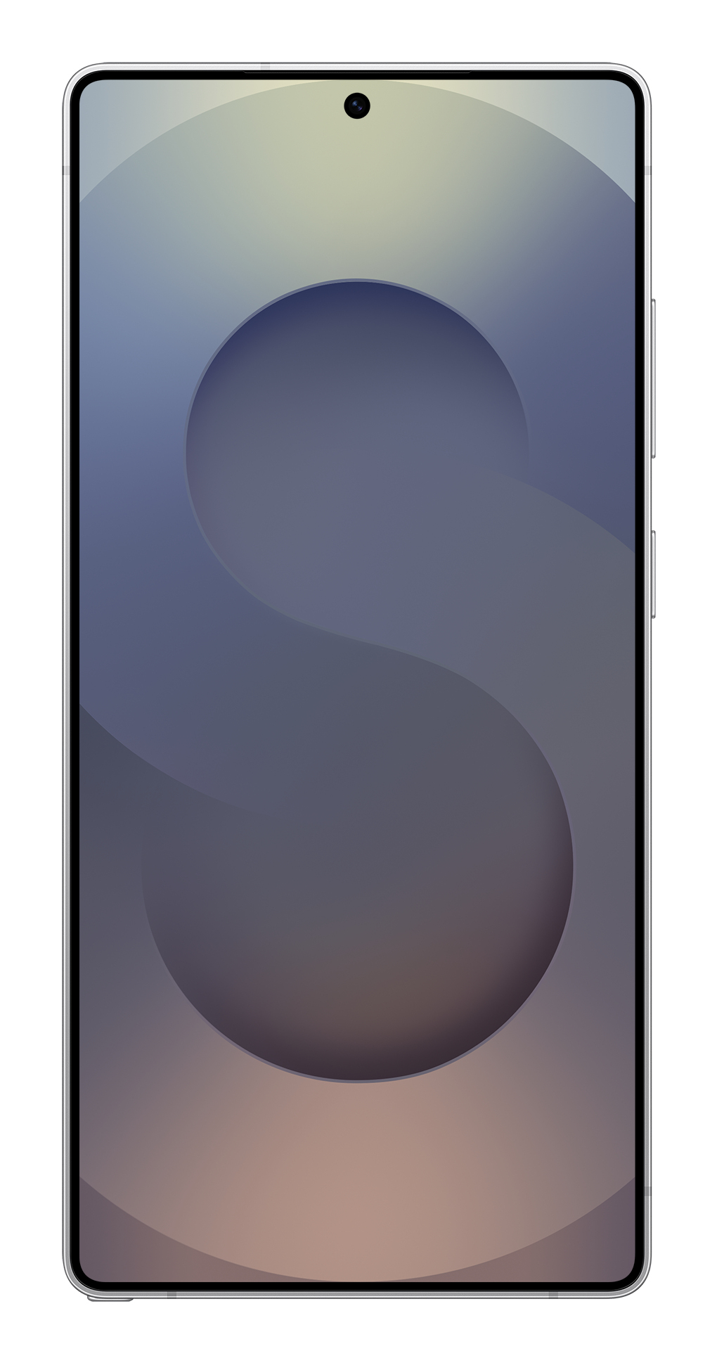 Srebrny ekran smartfona z abstrakcyjnym wzorem z dużą literą 'S'.