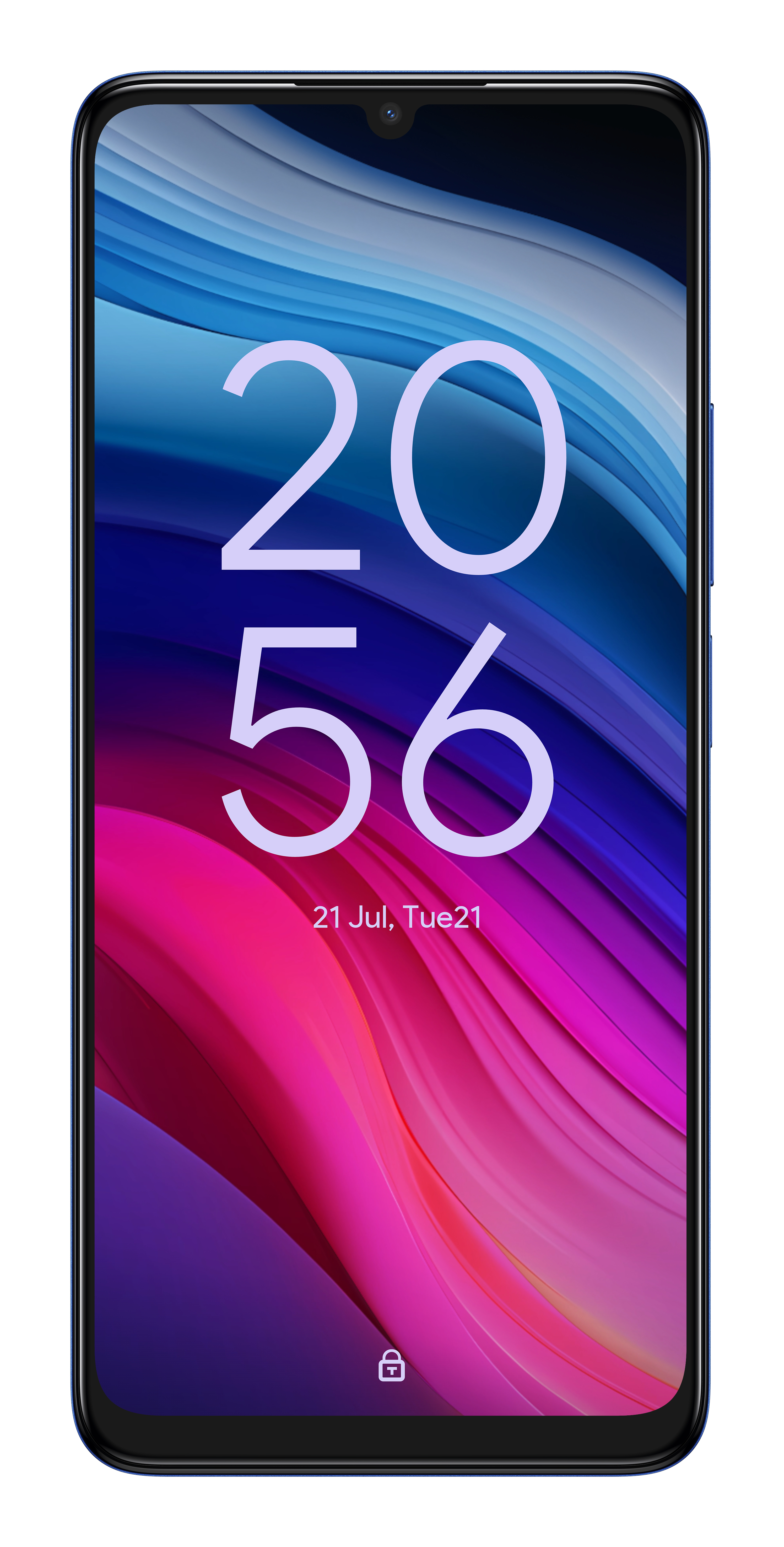 Una pantalla de teléfono inteligente que muestra la hora y la fecha. La pantalla muestra un degradado azul y morado con el número 2056.