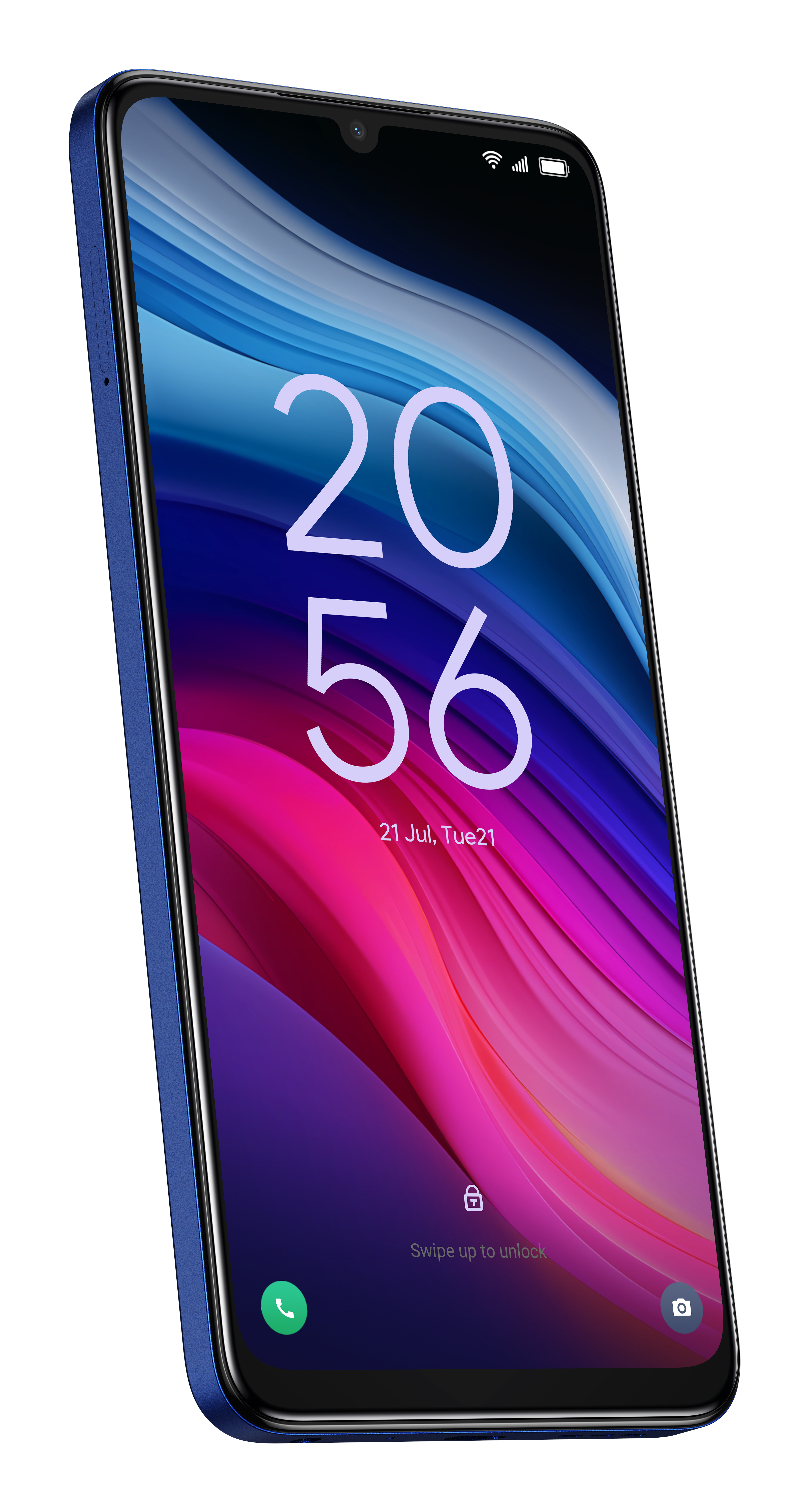 Smartphone azul con pantalla colorida que muestra la hora y la fecha.