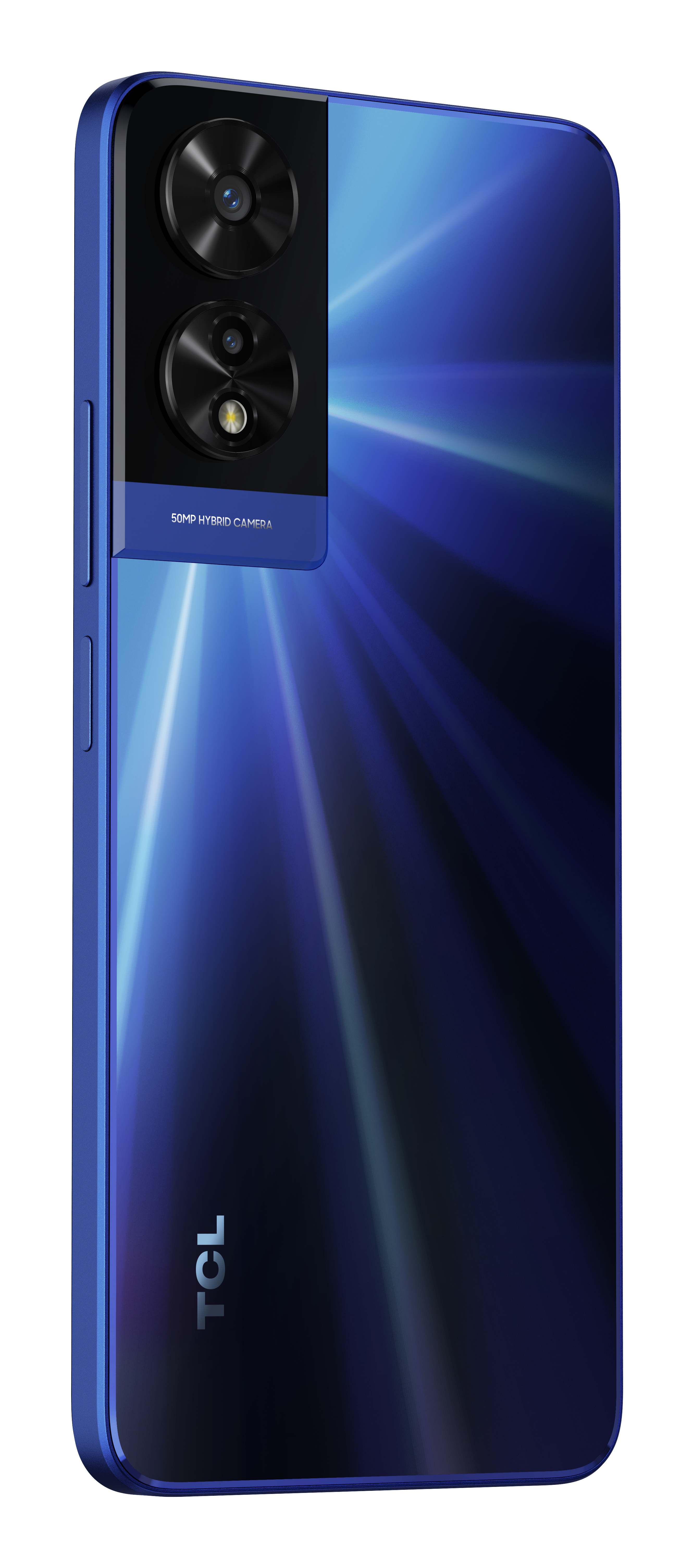 Teléfono inteligente azul con cámaras duales. Tiene un módulo de cámara negro y el logo TCL.