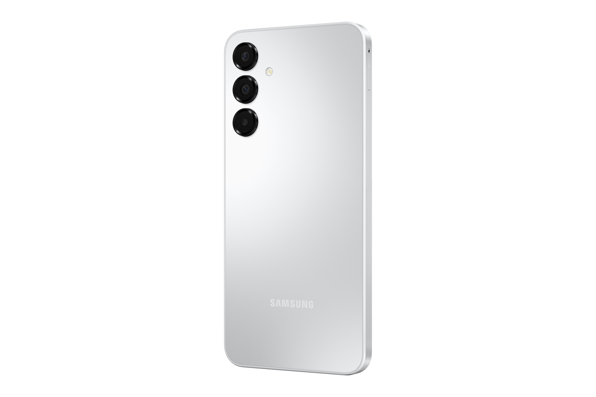 Ein silbernes Samsung-Handy mit drei Kameras auf weißem Hintergrund.