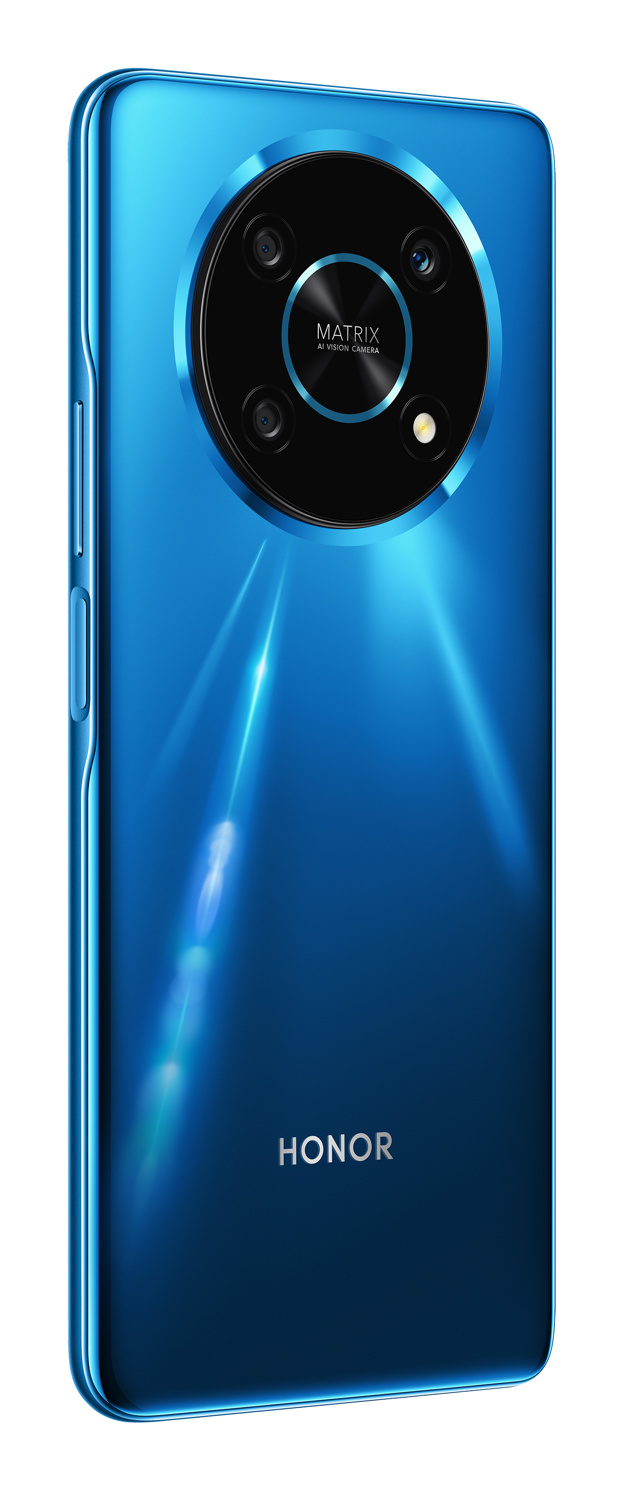 Niebieski telefon Honor z potrójnym obiektywem i słowem HONOR. Tło jest białe.