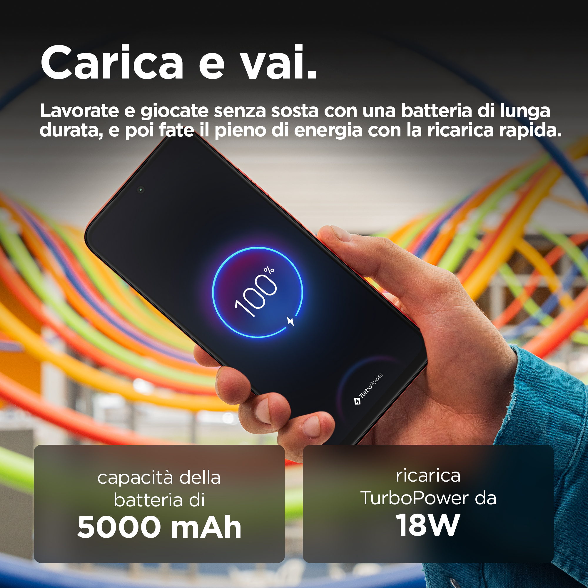 Osoba trzymająca smartfon z wyświetlaczem baterii 100%. Nakładka tekstowa.