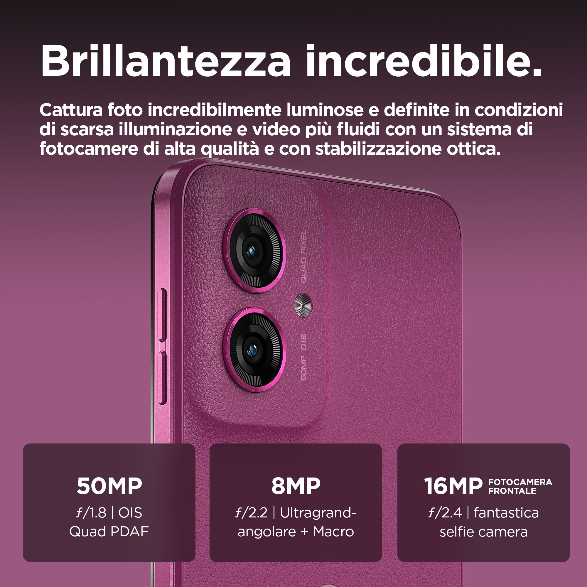 Fioletowy smartfon ze specyfikacjami aparatu. 50MP, 8MP, przedni aparat 16MP.