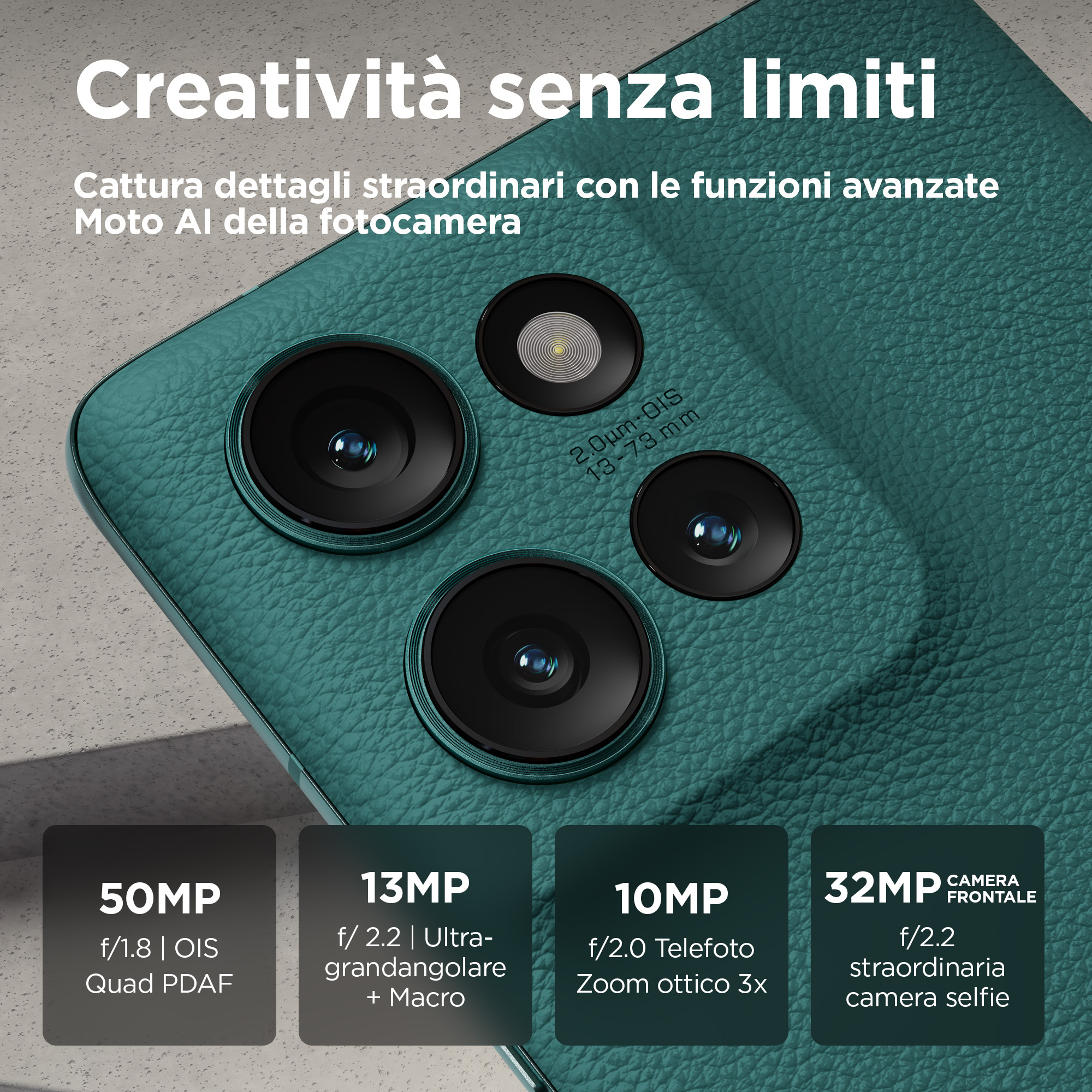 Zbliżenie zielonego telefonu ze specyfikacją aparatu. Widoczne cztery obiektywy aparatu.