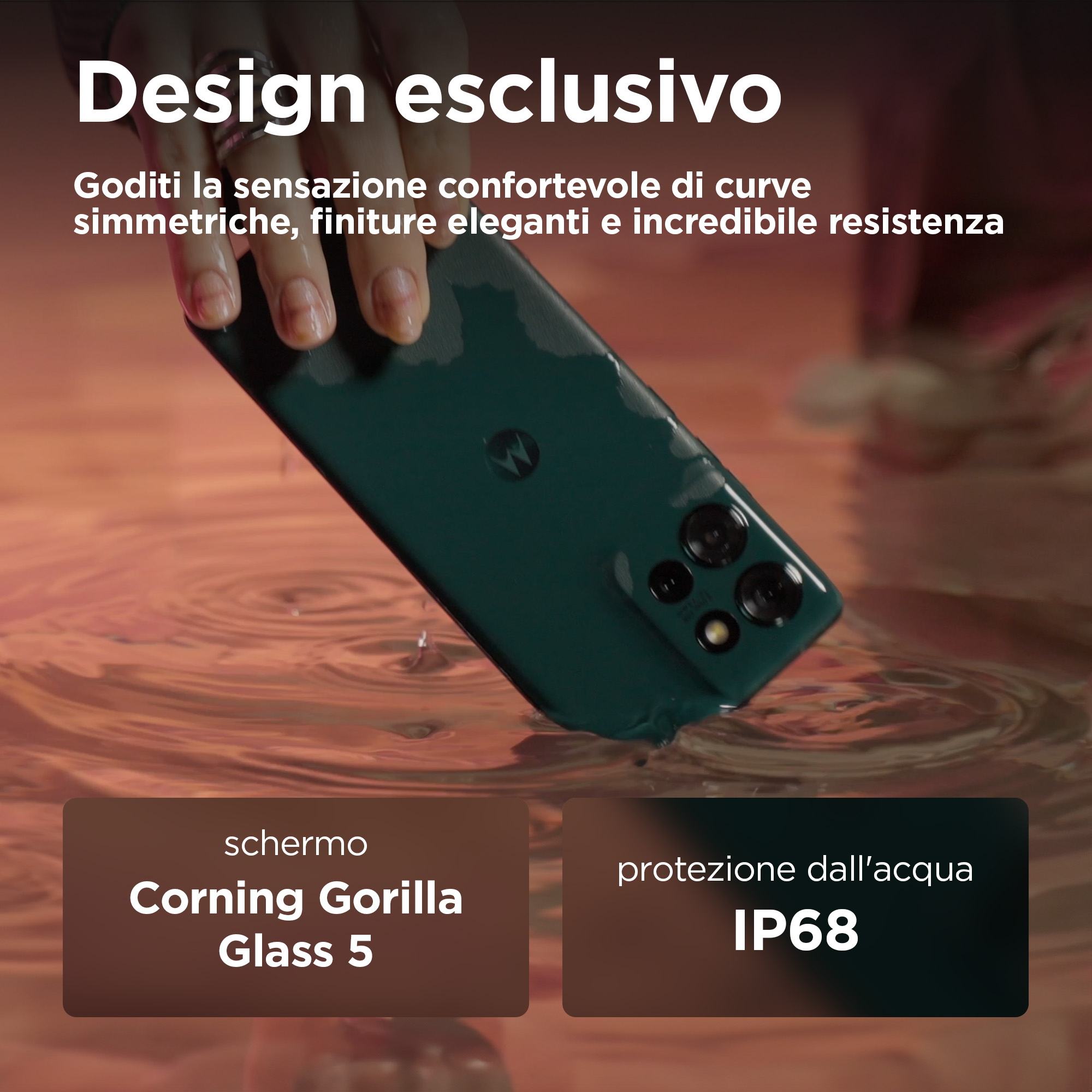 Zielony telefon z ciemnozielonym tyłem, kroplami wody, Gorilla Glass 5 i IP68.