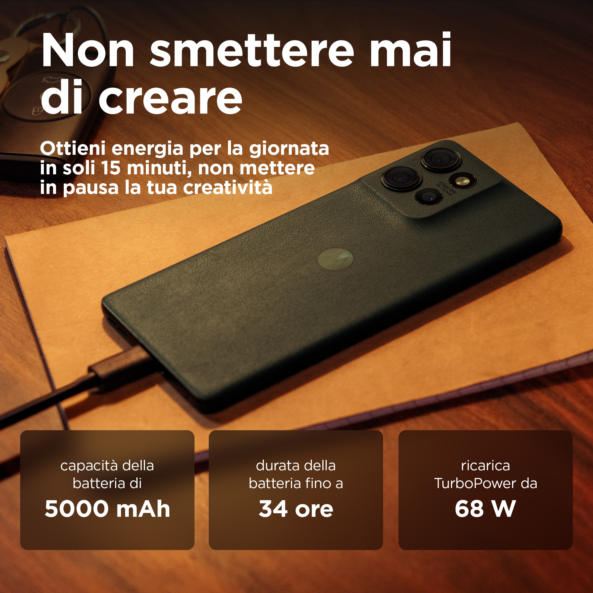 Czarny telefon z tekstem o kreatywności, ze szczegółami baterii: 5000 mAh, 34 godziny i 68 W.