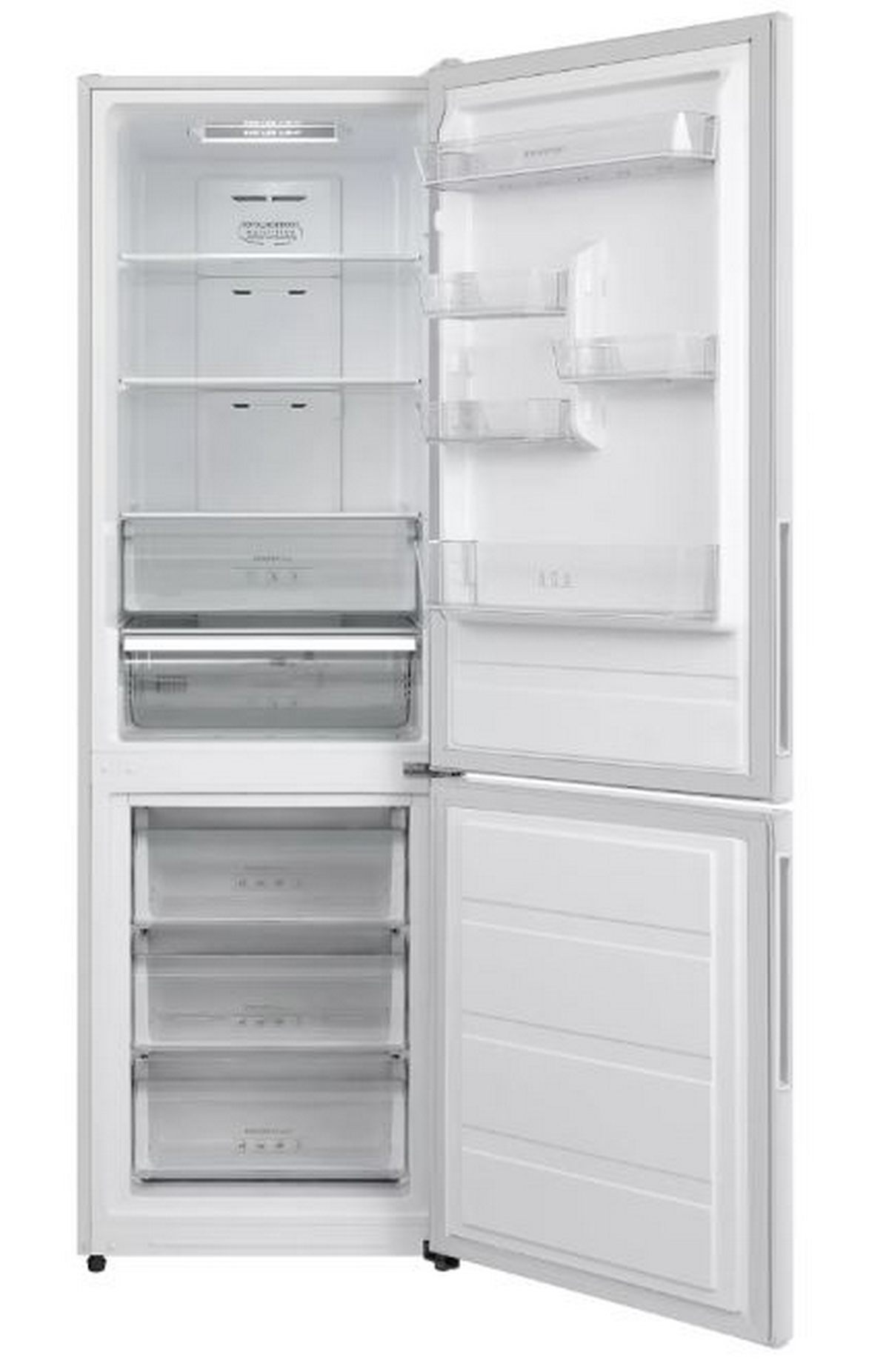 Refrigerador blanco abierto, mostrando estantes, cajones y compartimentos.