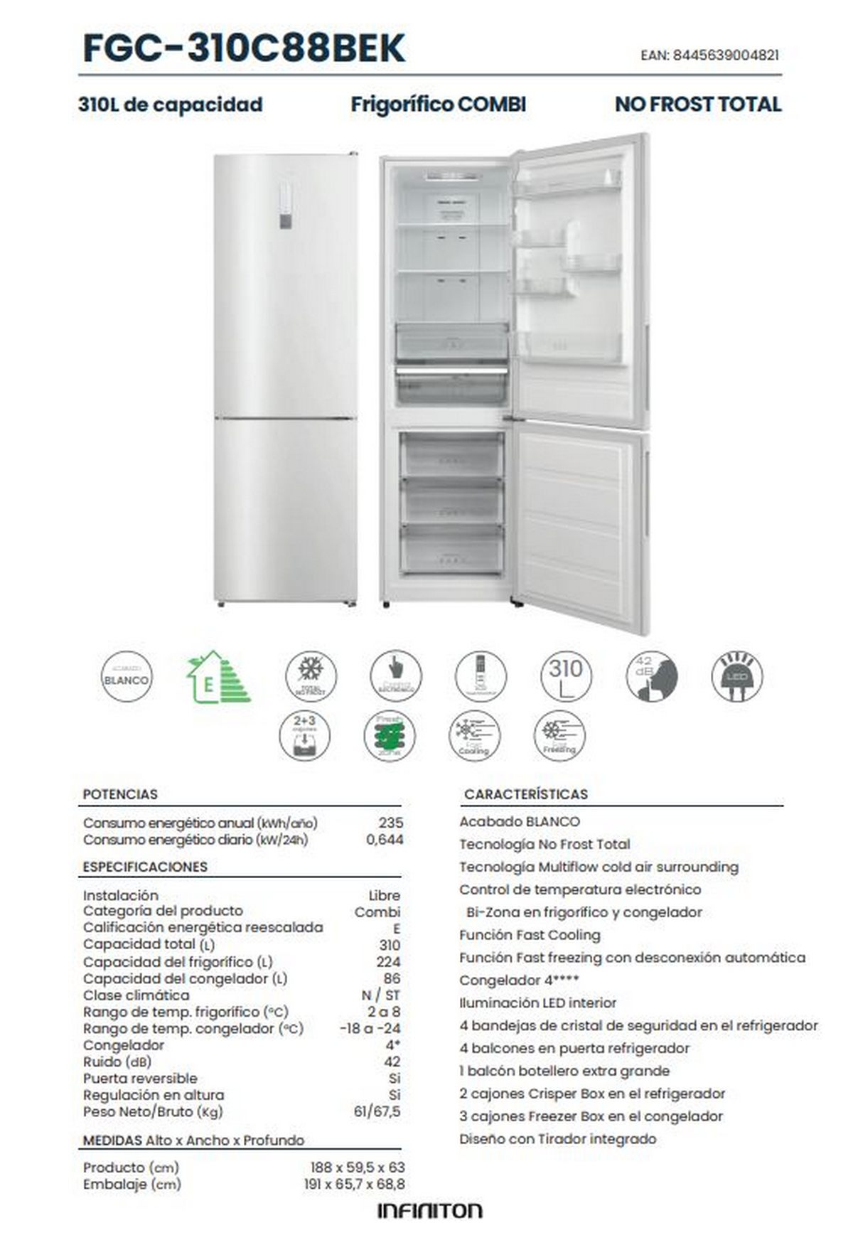 Un refrigerador blanco con dos puertas abiertas. En el interior hay estantes, cajones y alimentos. El texto y las especificaciones están abajo.