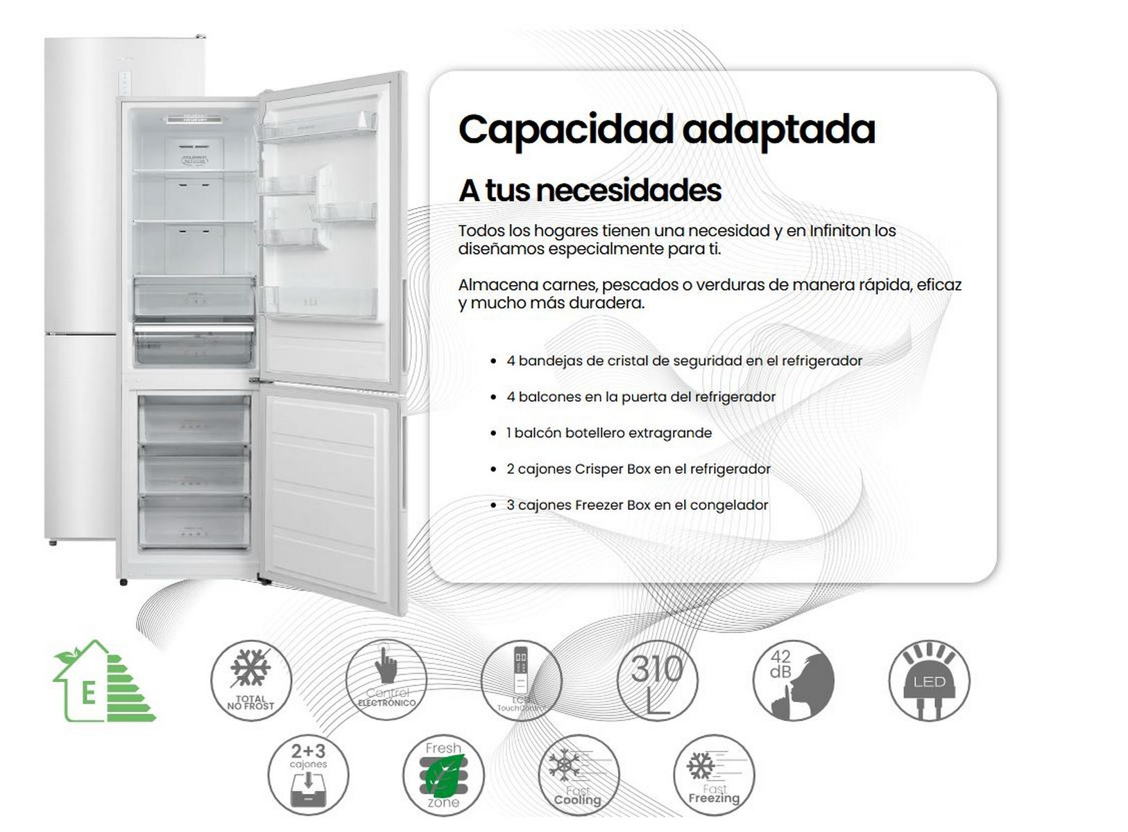 Un refrigerador blanco con dos puertas abiertas, mostrando estantes y cajones. Texto e iconos.