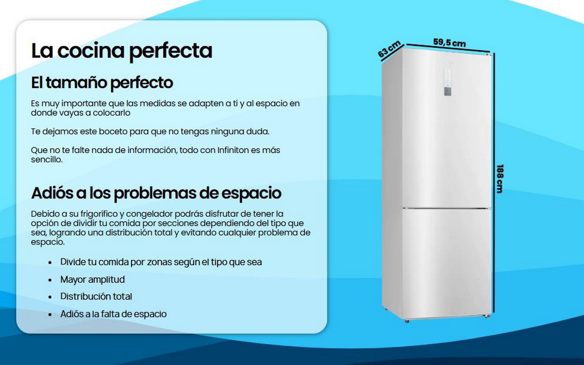 Un refrigerador blanco con dimensiones y texto en español. Es un electrodoméstico moderno.
