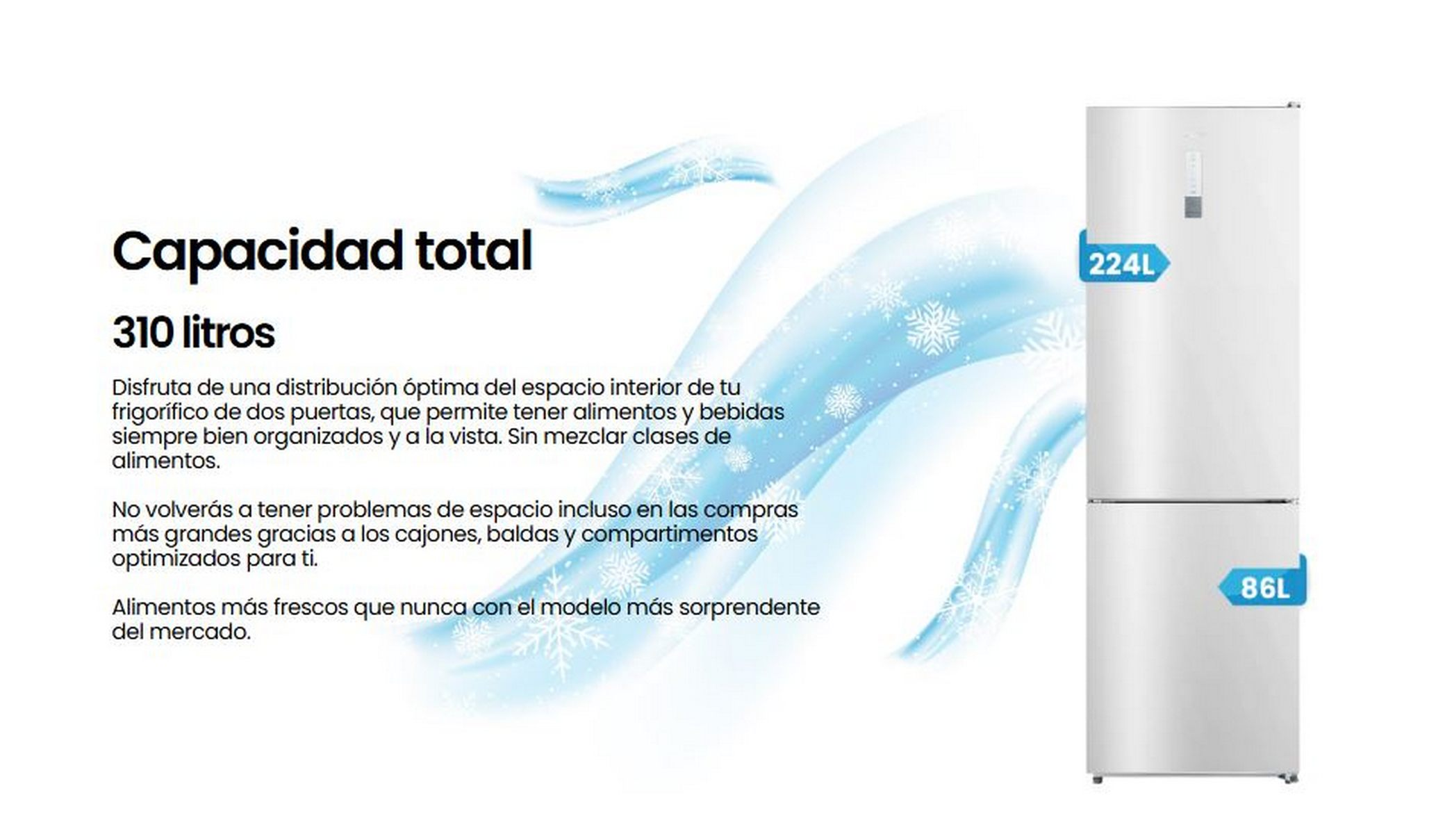 Un frigorífico blanco de dos puertas con 310 litros de capacidad total, diseño moderno.