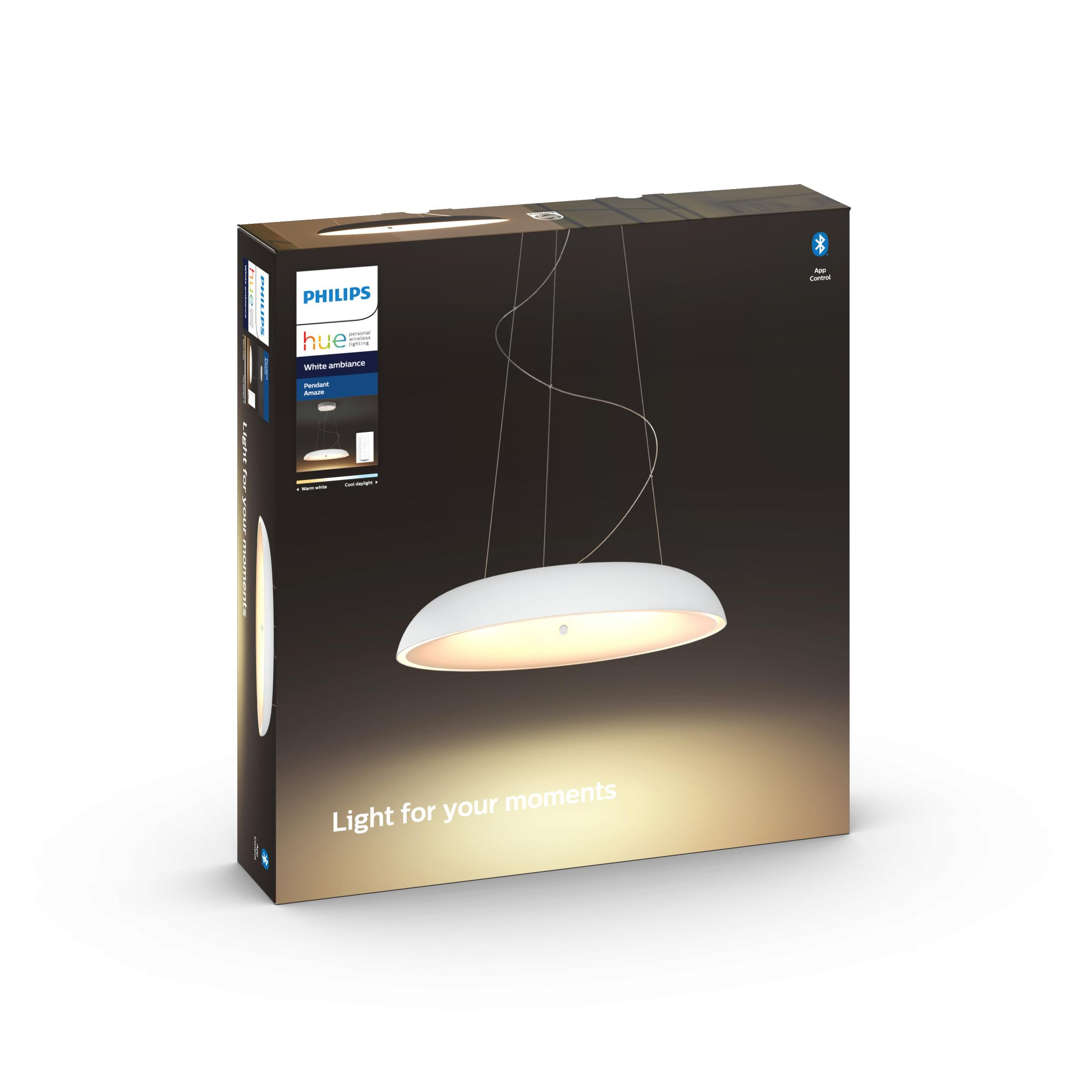 Boîte luminaire Philips Hue, luminaire blanc à l'intérieur. Boîte noire avec texte blanc.