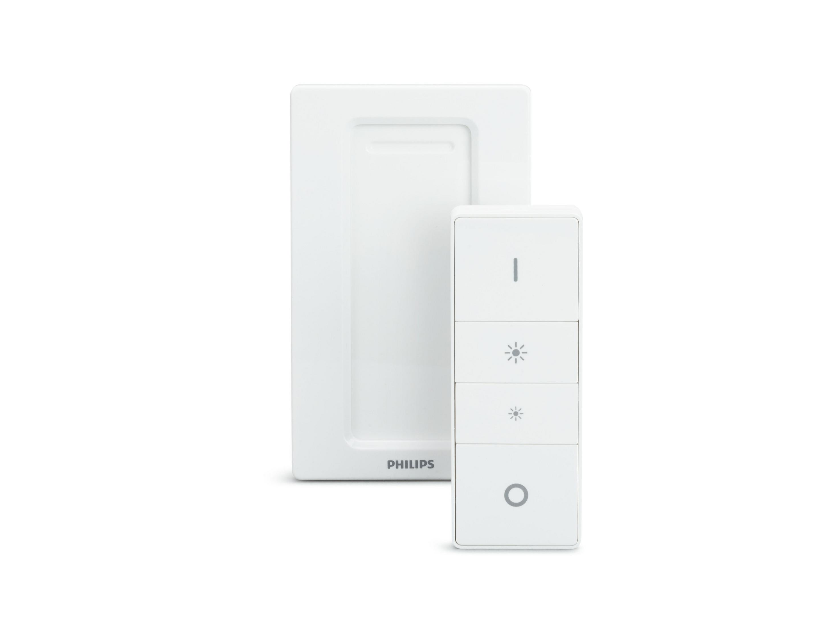 Ein weißer Smart-Schalter mit Philips-Logo, vier Tasten und einer Montageplatte.