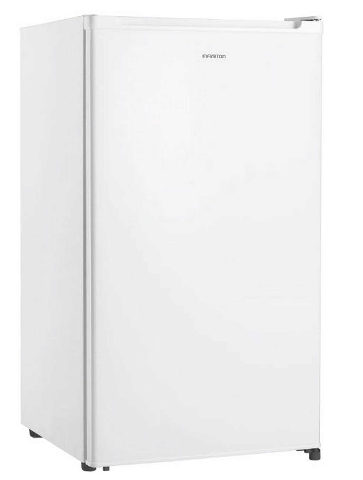 Un refrigerador blanco con base negra, de pie contra un fondo blanco.