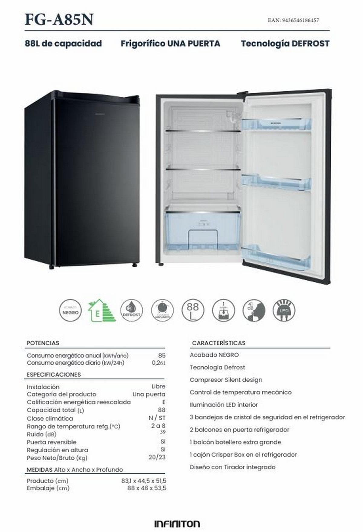 Un refrigerador negro con la puerta abierta, que muestra estantes, un cajón e información del producto.