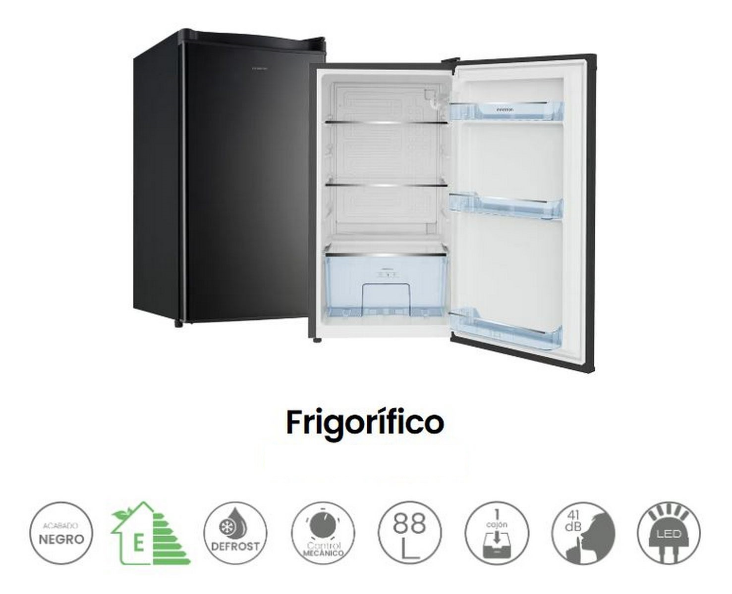 Frigorífico negro con puerta abierta, revelando el interior.