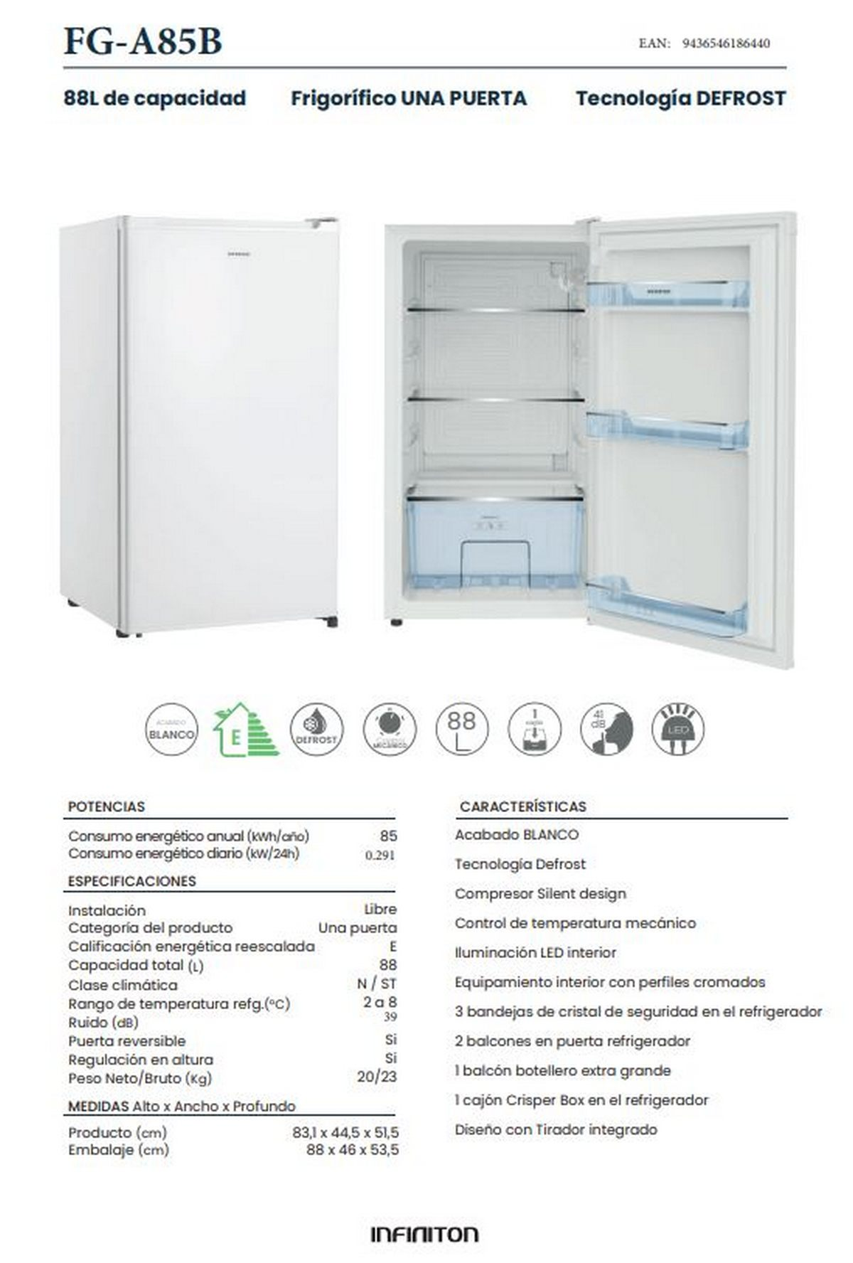 Un refrigerador blanco con la puerta abierta. El interior contiene estantes y cajones.