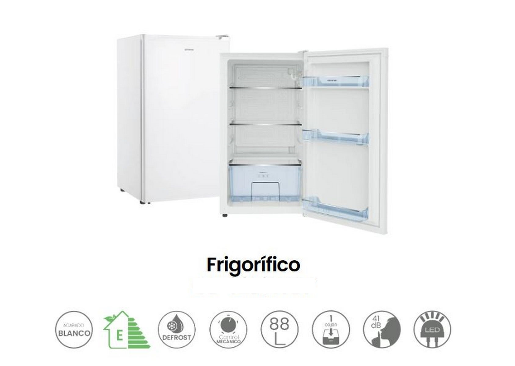 Frigorífico blanco con una puerta cerrada y otra abierta. Interior con estantes y cajón para verduras.