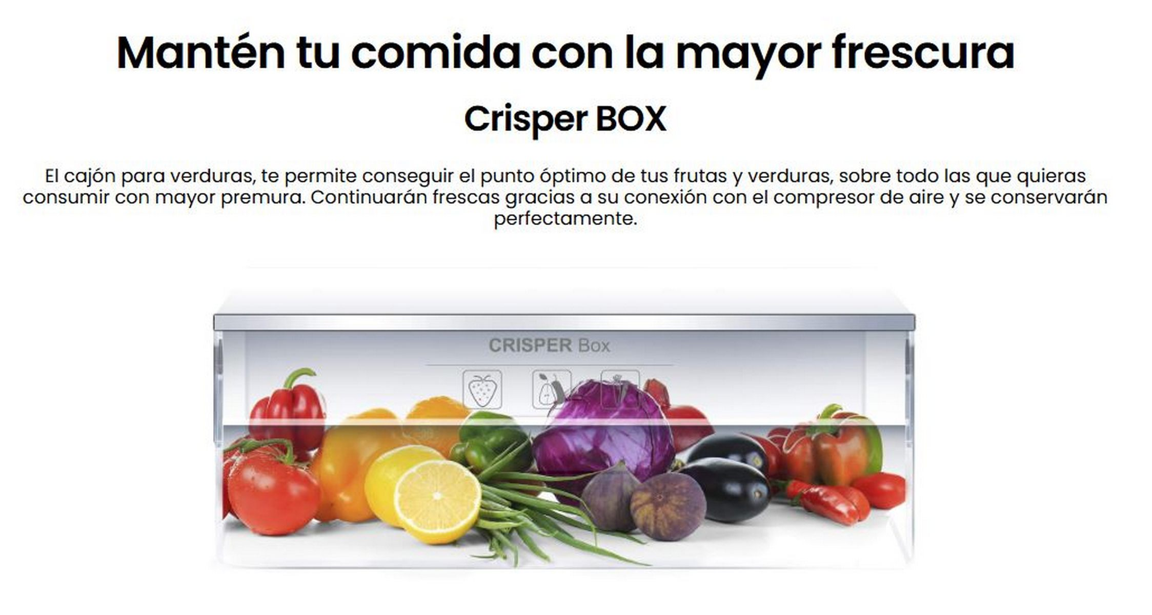Un cajón de refrigerador lleno de verduras y frutas coloridas, con texto arriba.