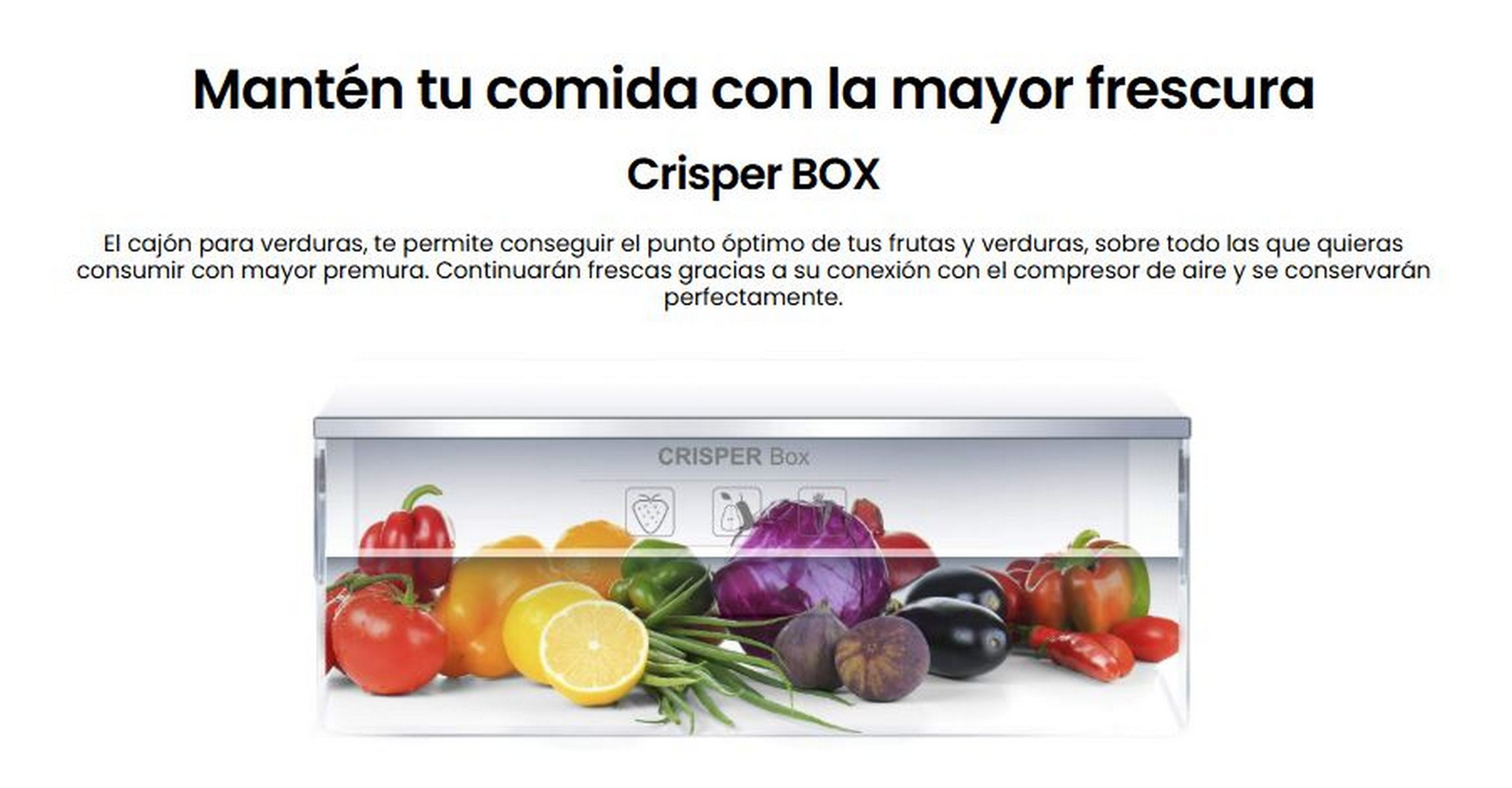 Cajón Crisper lleno de productos frescos como tomates, limones, repollo morado y pimientos. Texto encima.