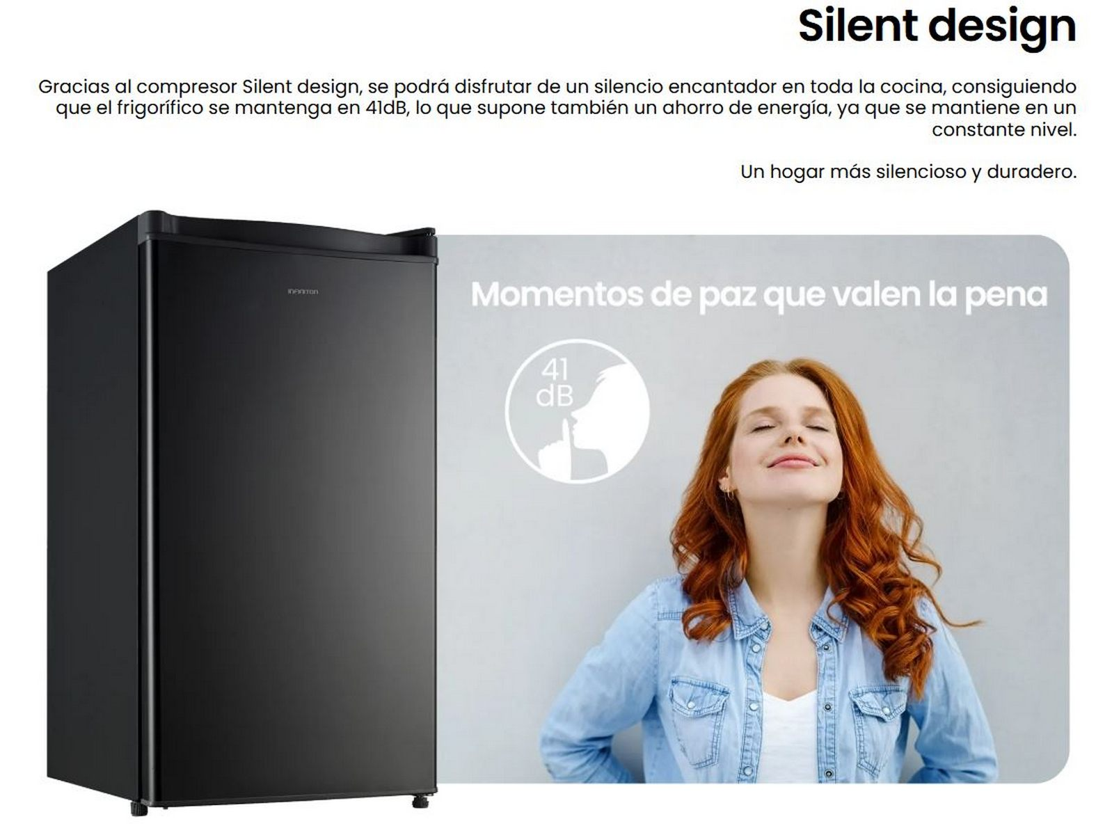 Refrigerador negro con una mujer sonriendo al lado. Texto de diseño silencioso a la derecha.