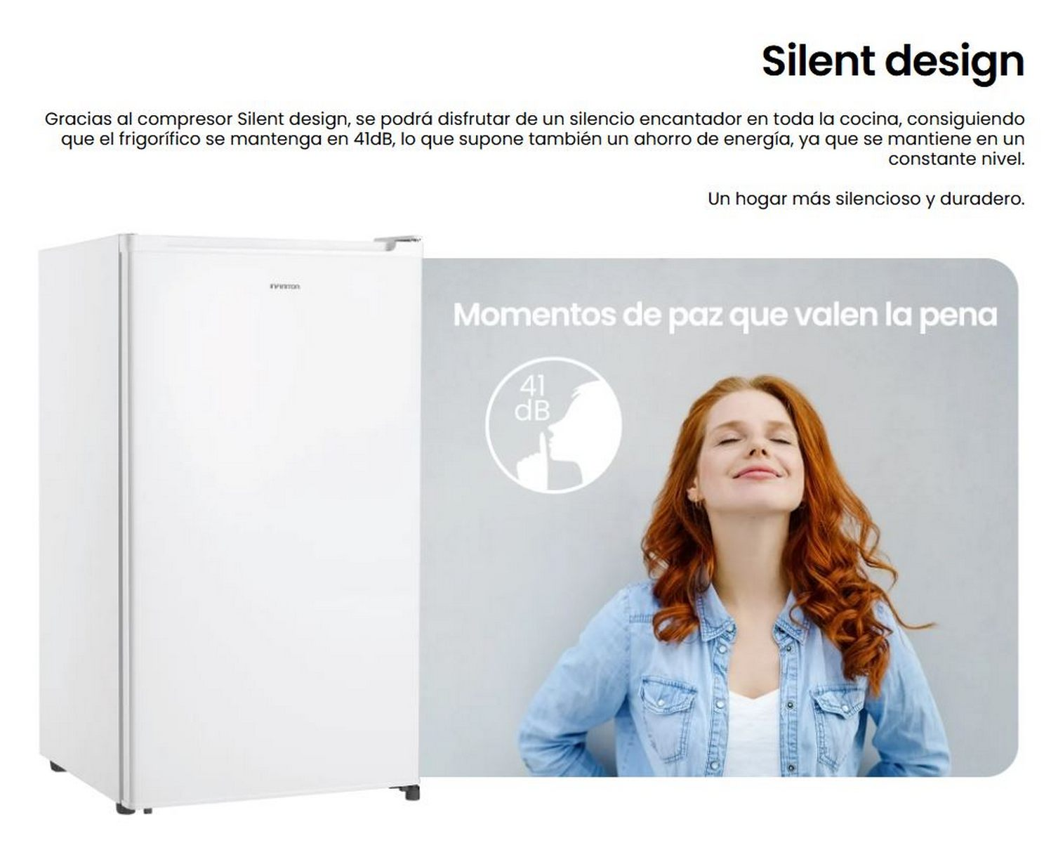 Nevera blanca con mujer sonriendo, texto sobre diseño silencioso.
