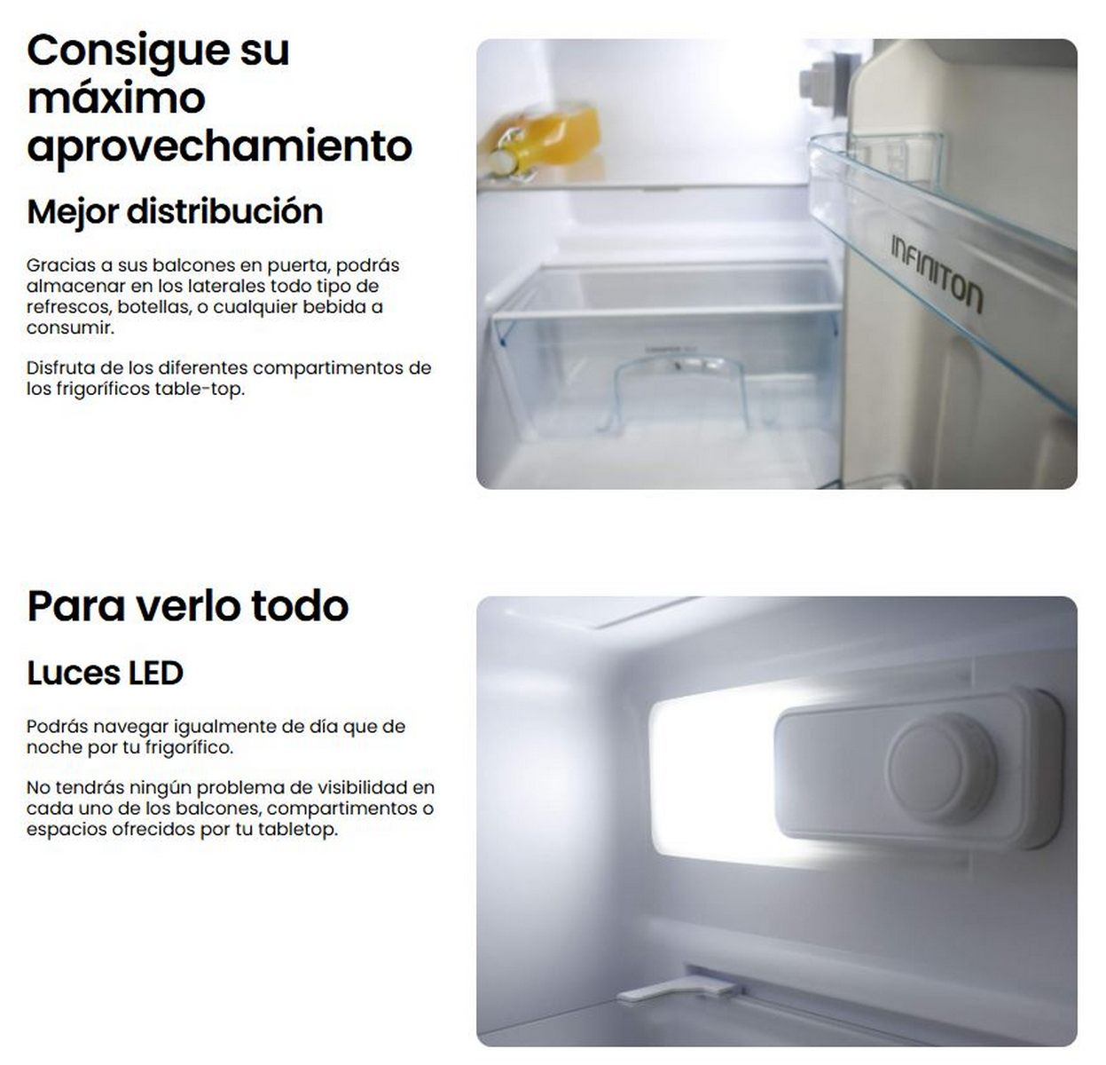 Imágenes del interior de un frigorífico. Una muestra estantes y compartimentos de la puerta, otra la luz LED.