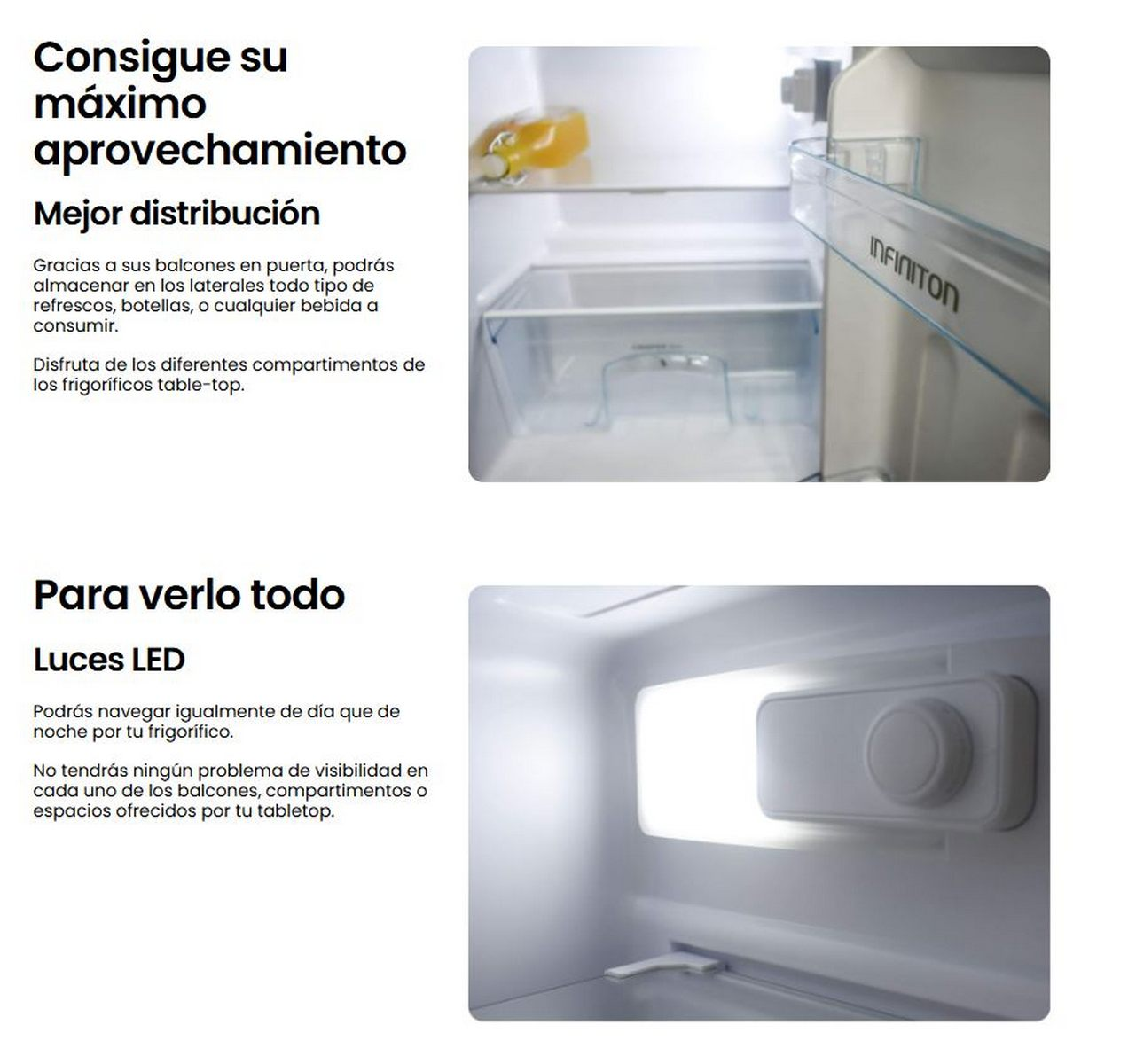 Dos imágenes de un manual de refrigerador, que muestran detalles interiores. Texto en español describe características.