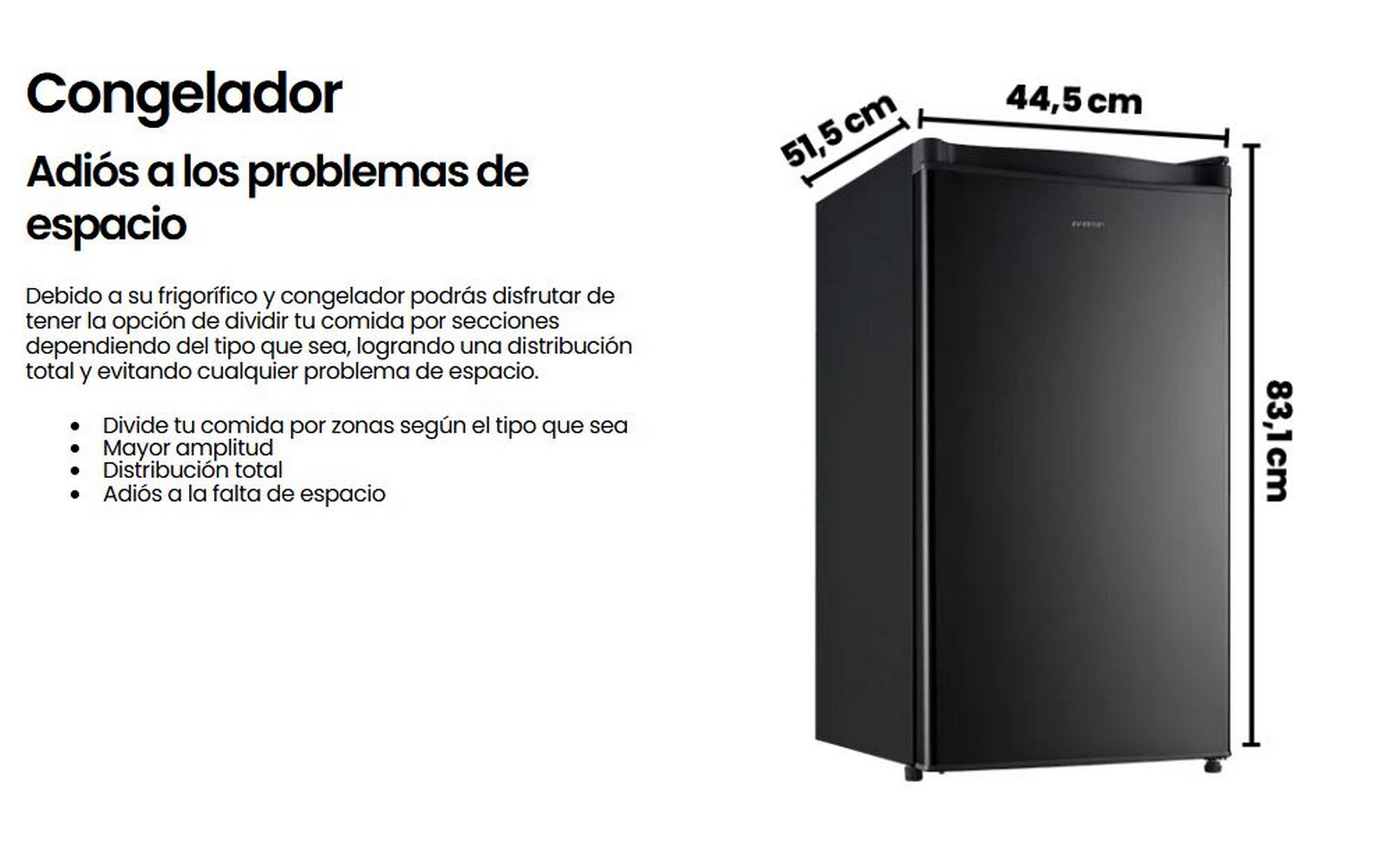 Mini-nevera negra con dimensiones: 83,1 cm de altura, 51,5 cm de ancho y 44,5 cm de profundidad.