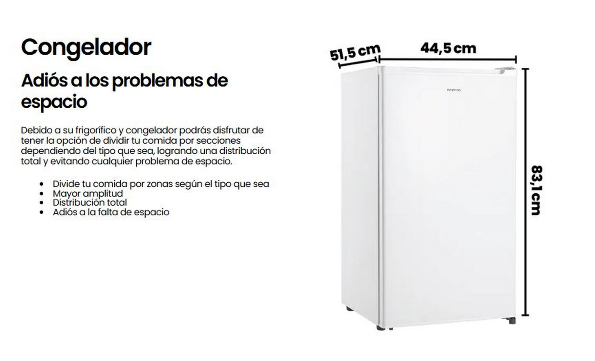 Un refrigerador blanco, con medidas y texto, que representa una vista general del producto.