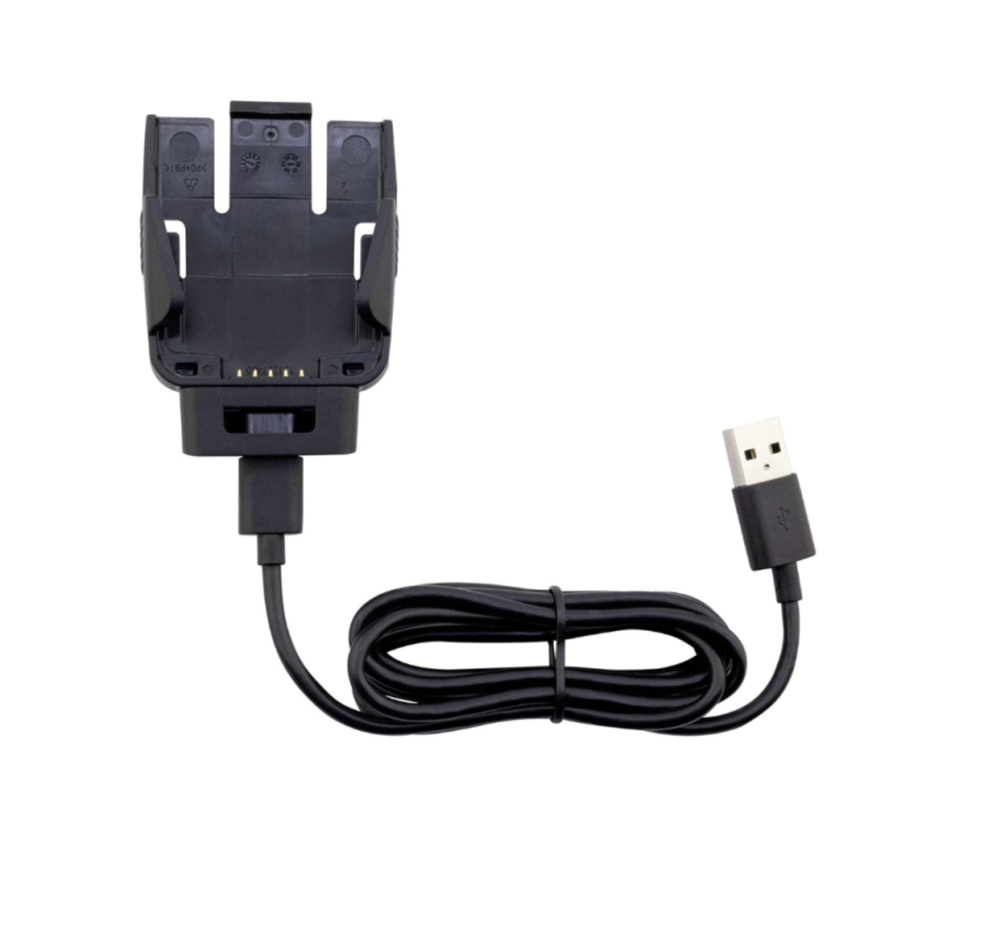 Base di ricarica nera con cavo e connettore USB, isolata su bianco.