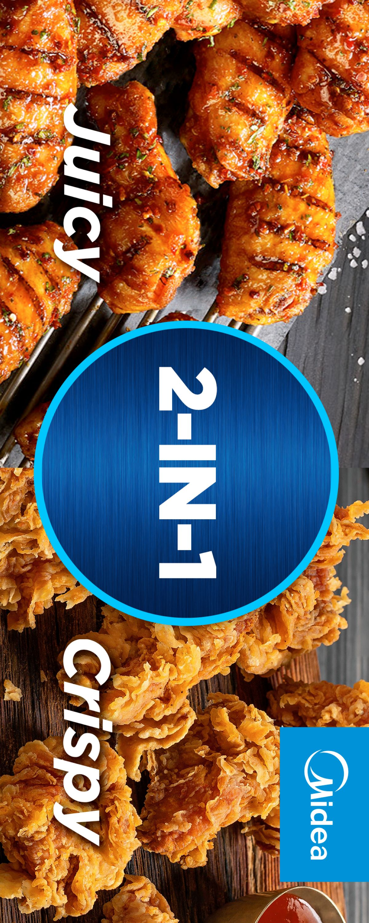 Close-up of fried and grilled chicken pieces, with a blue circle reading "2-IN-1".