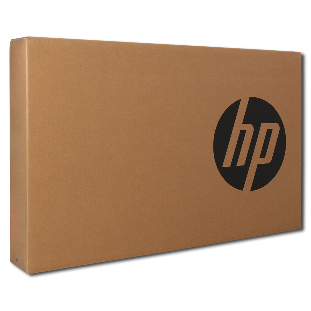 Una scatola marrone per laptop HP, il logo HP è ben visibile sulla scatola.