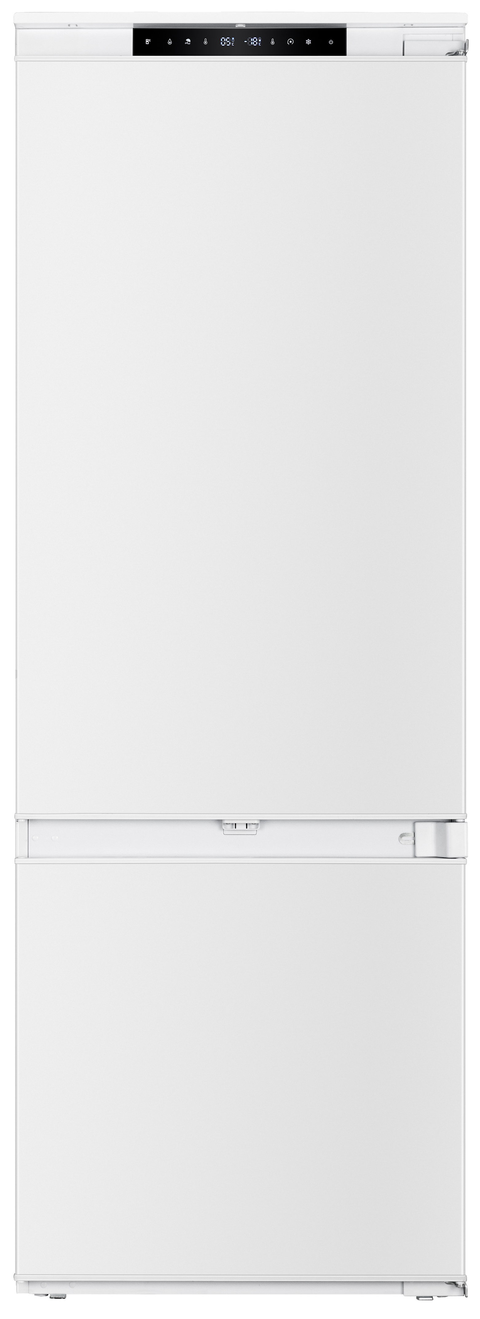 Un refrigerador blanco con dos puertas. Tiene una pantalla en la parte superior y una manija en la puerta inferior.