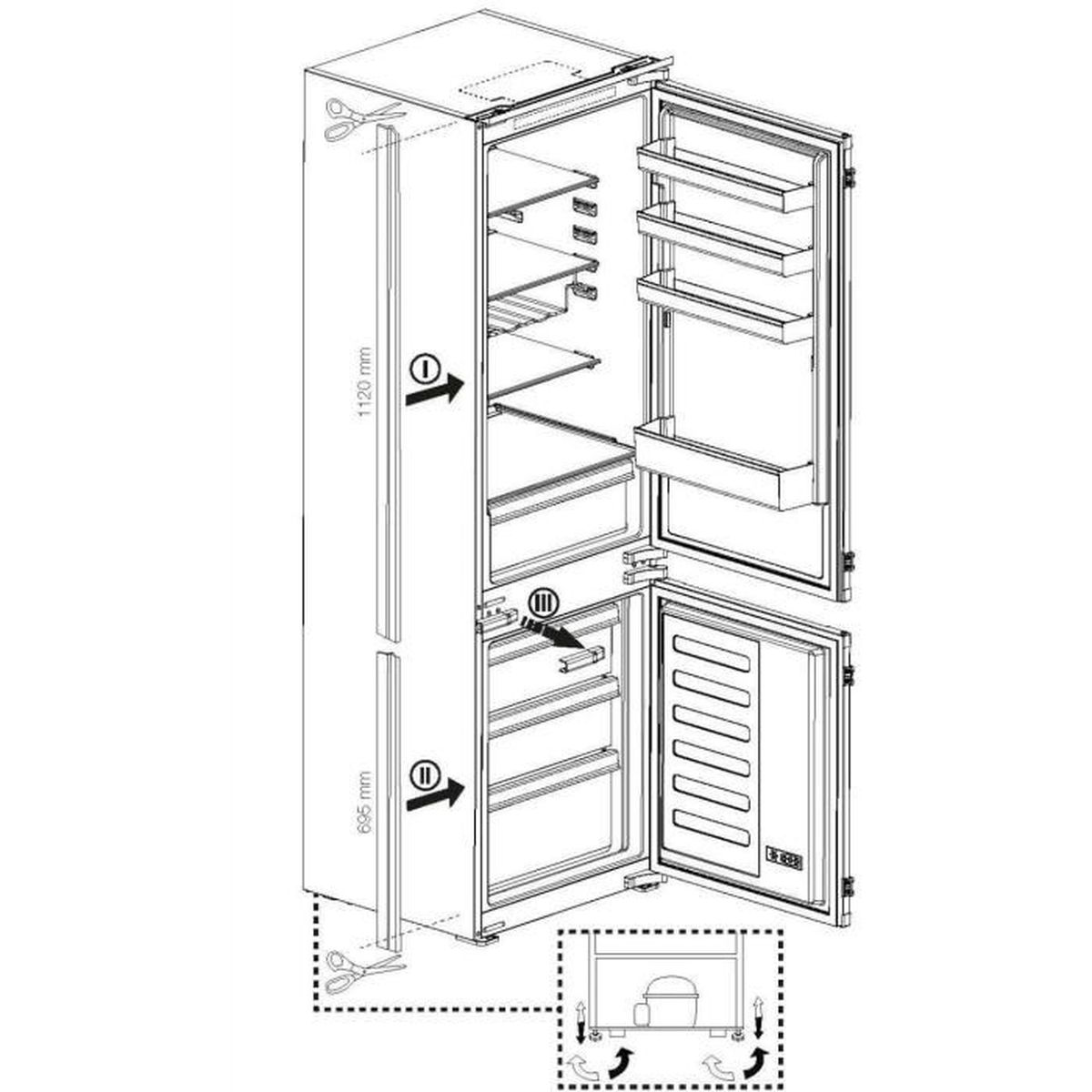 Eine Diagramm eines Kühlschranks mit Abmessungen und Beschriftungen für Komponenten und Installation.