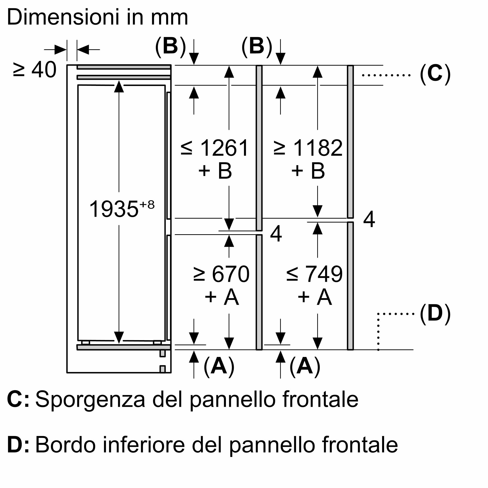 Diagramma con dimensioni e misure, che mostra un disegno tecnico per l'installazione.