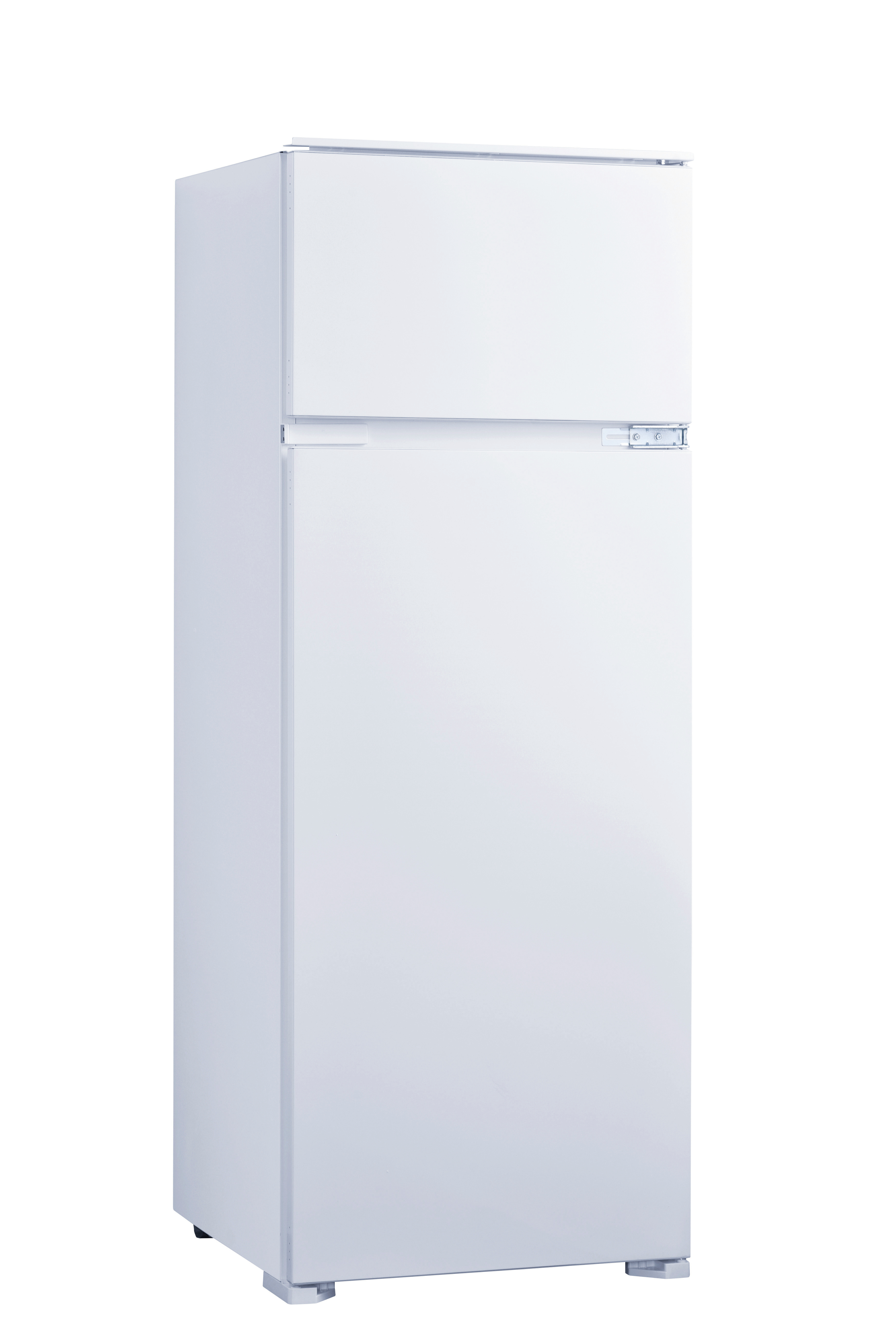 Refrigerador blanco con dos puertas, contra un fondo blanco, vista lateral.