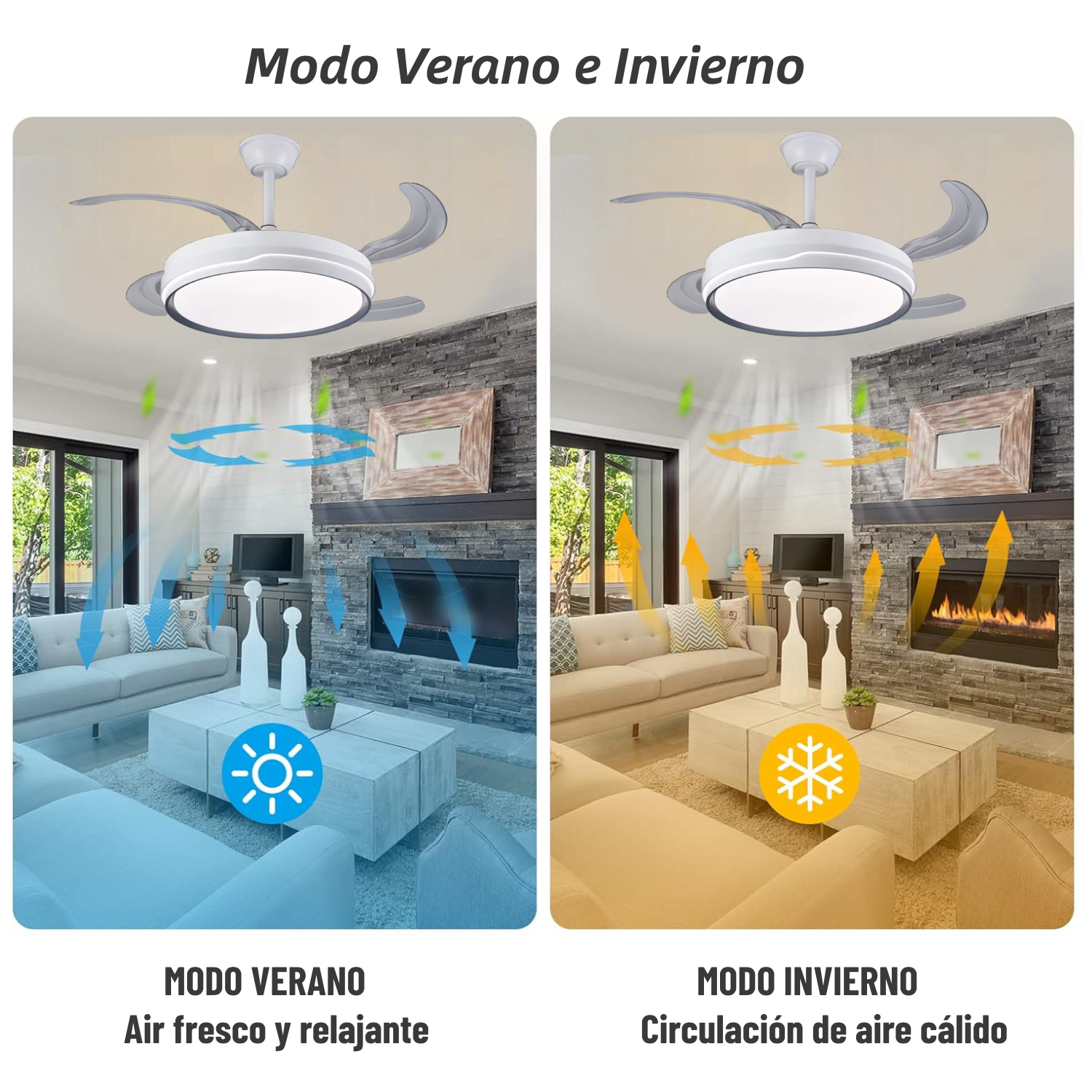 Dos ventiladores de techo, con diferentes direcciones de flujo de aire etiquetadas como Modo Verano e Invierno.