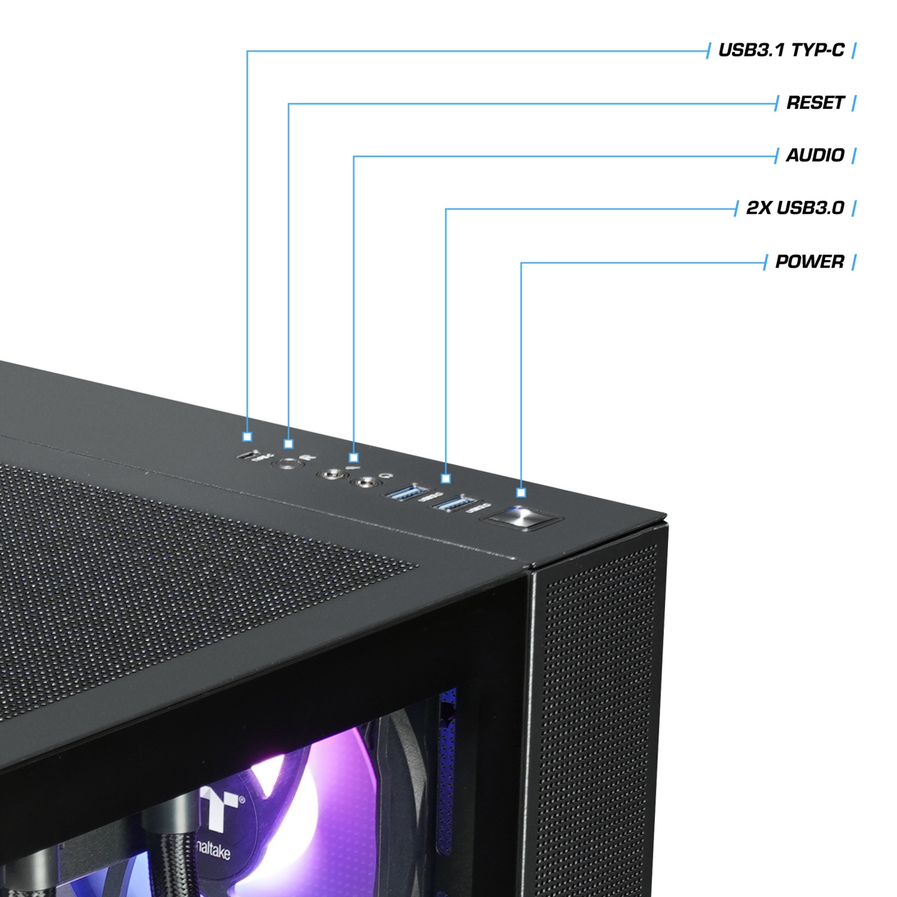 Nahaufnahme von Computergehäuse-Anschlüssen. Beschriftungen zeigen USB, Reset, Audio und Strom an. Gehäuse hat Mesh-Front.