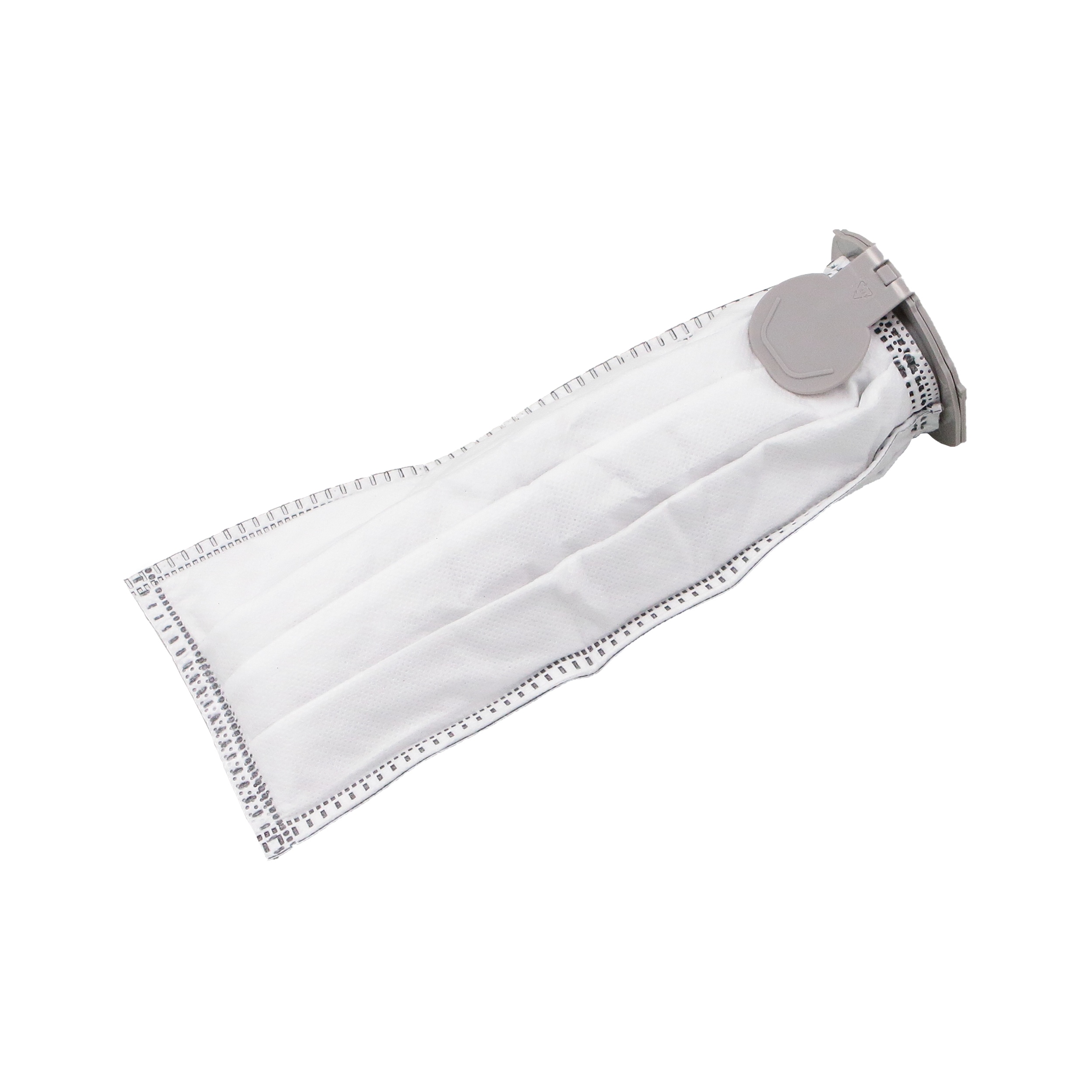 Weißer, rechteckiger Filter mit grauem Griff.