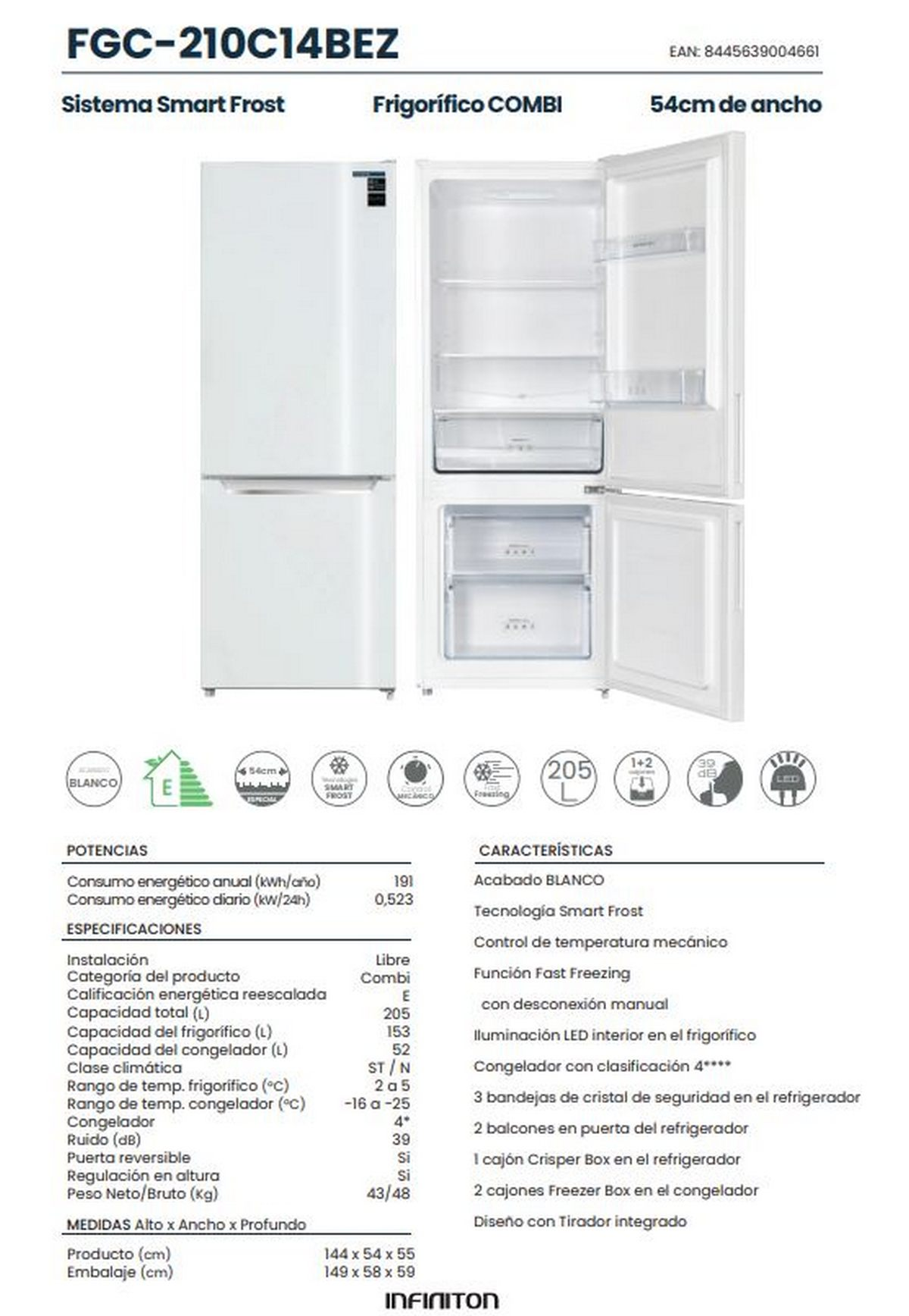 Refrigerador blanco con puertas abiertas. Especificaciones y datos de eficiencia energética a la izquierda.