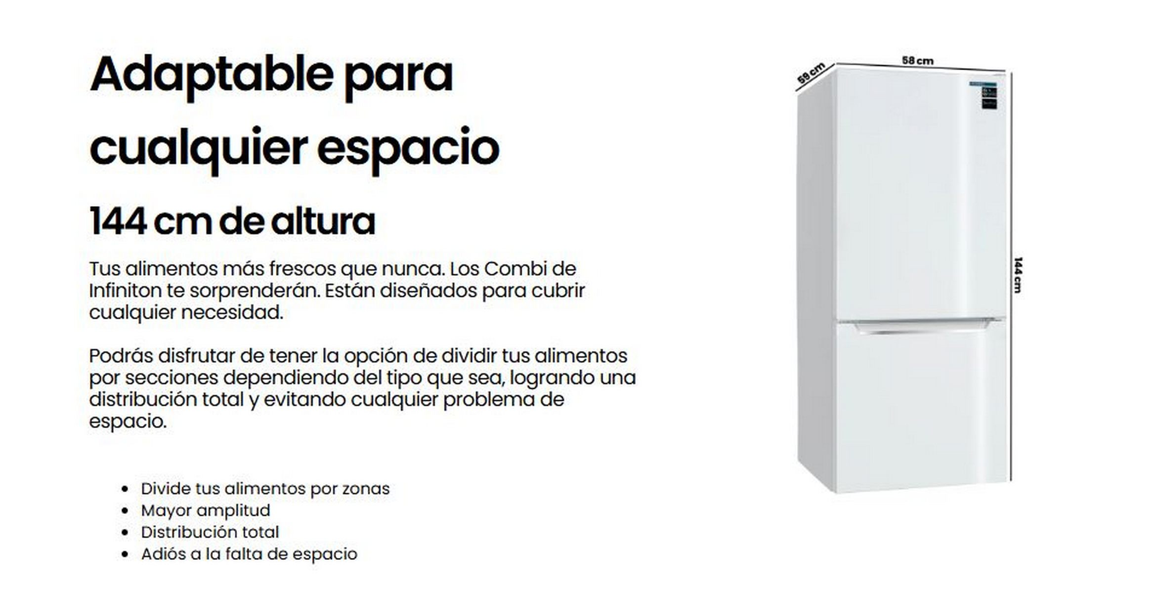 Un refrigerador blanco con texto en español que promociona su diseño y características.
