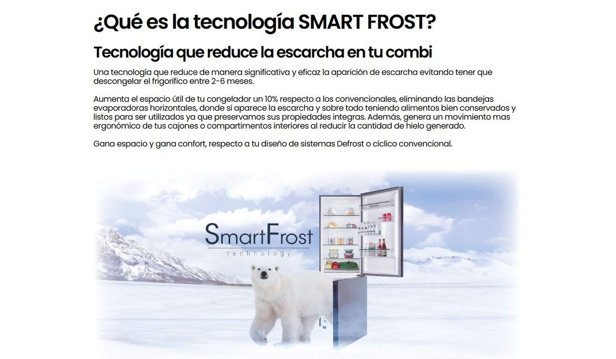 Anuncio con nevera SmartFrost, oso polar y montañas.