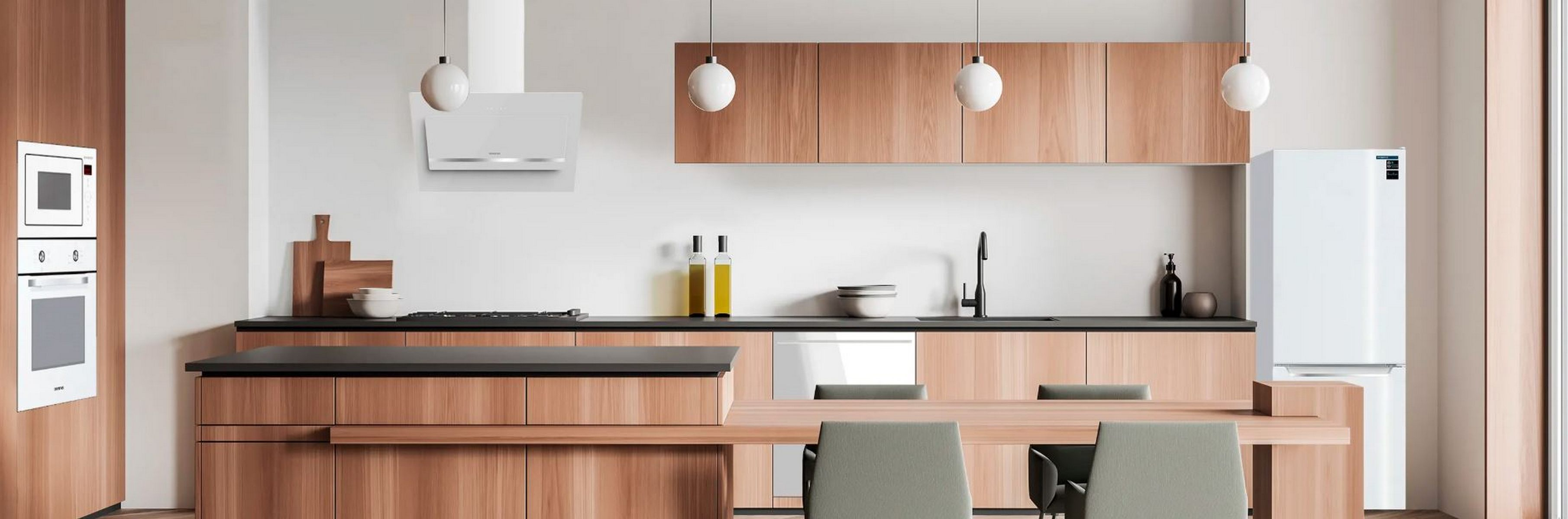 Cocina moderna con gabinetes de madera, campana extractora blanca y refrigerador blanco.