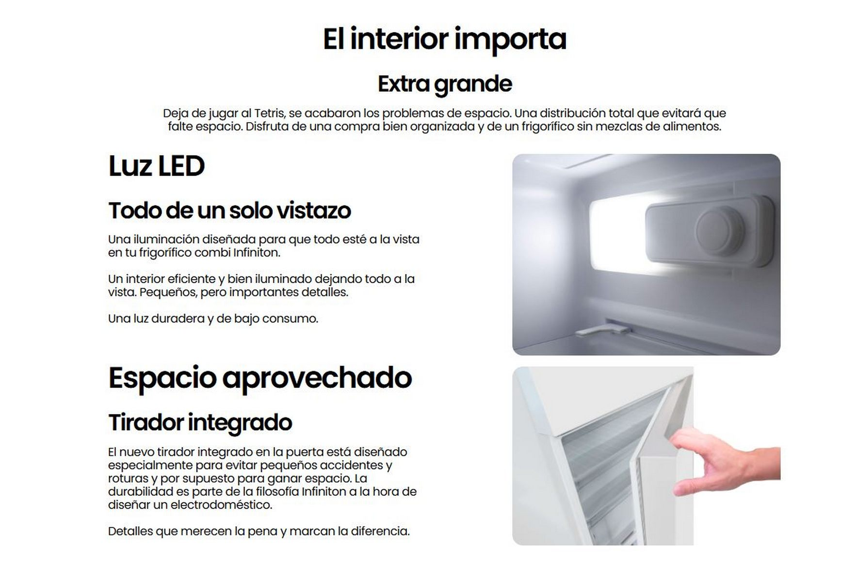 Texto e imágenes sobre un refrigerador. Incluye un refrigerador blanco con luz LED y espacio.