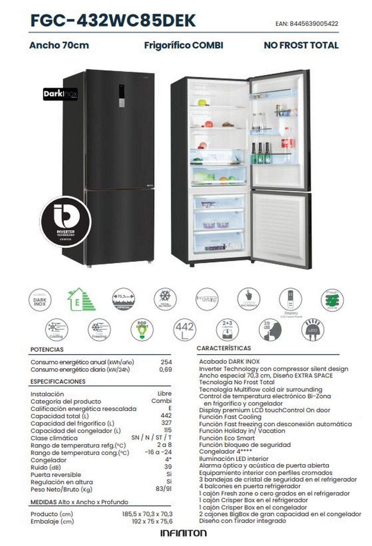 Refrigerador negro con puertas abiertas, mostrando estantes interiores, características y detalles.